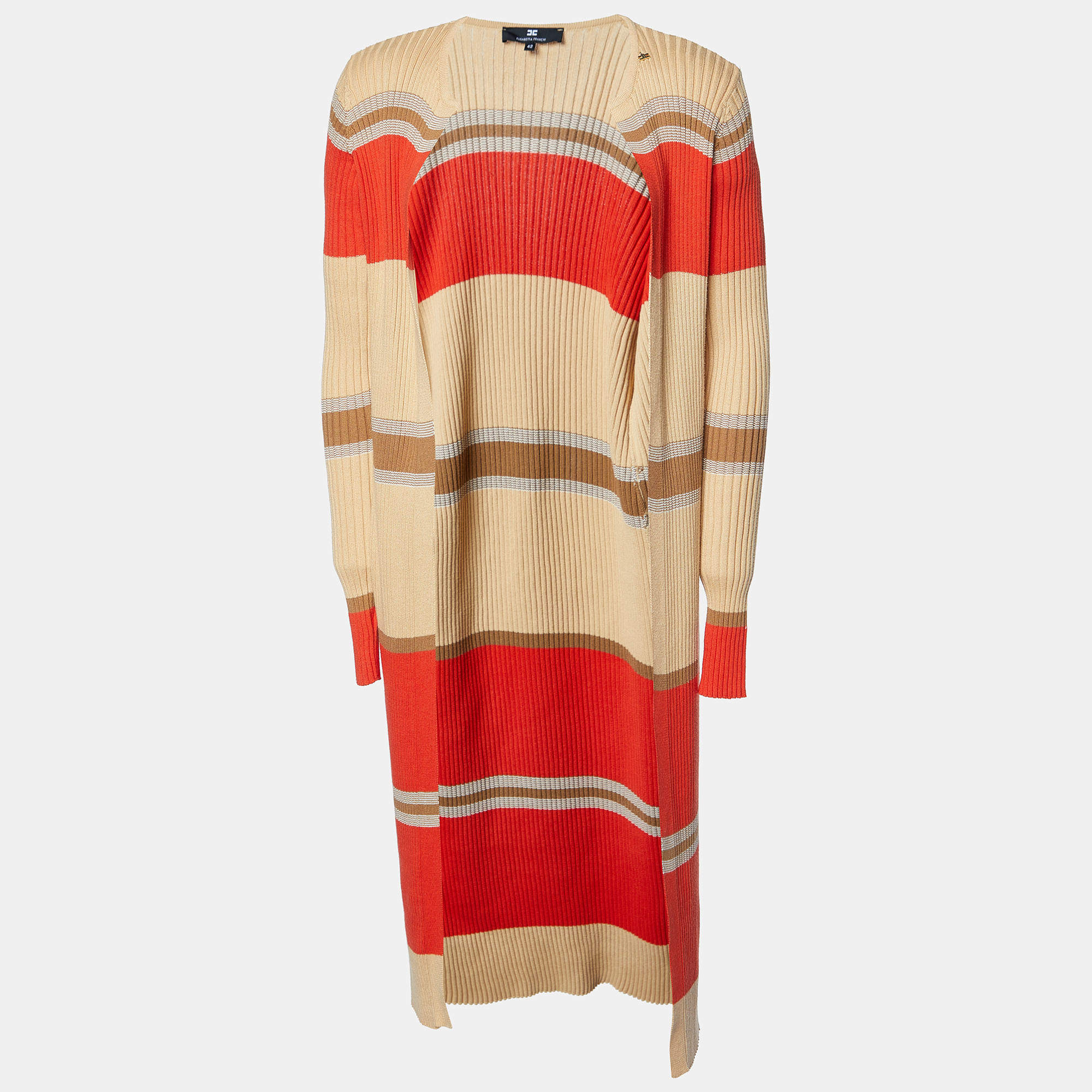 Elisabetta Franchi Beige Striped Knit Open Front Cardigan M