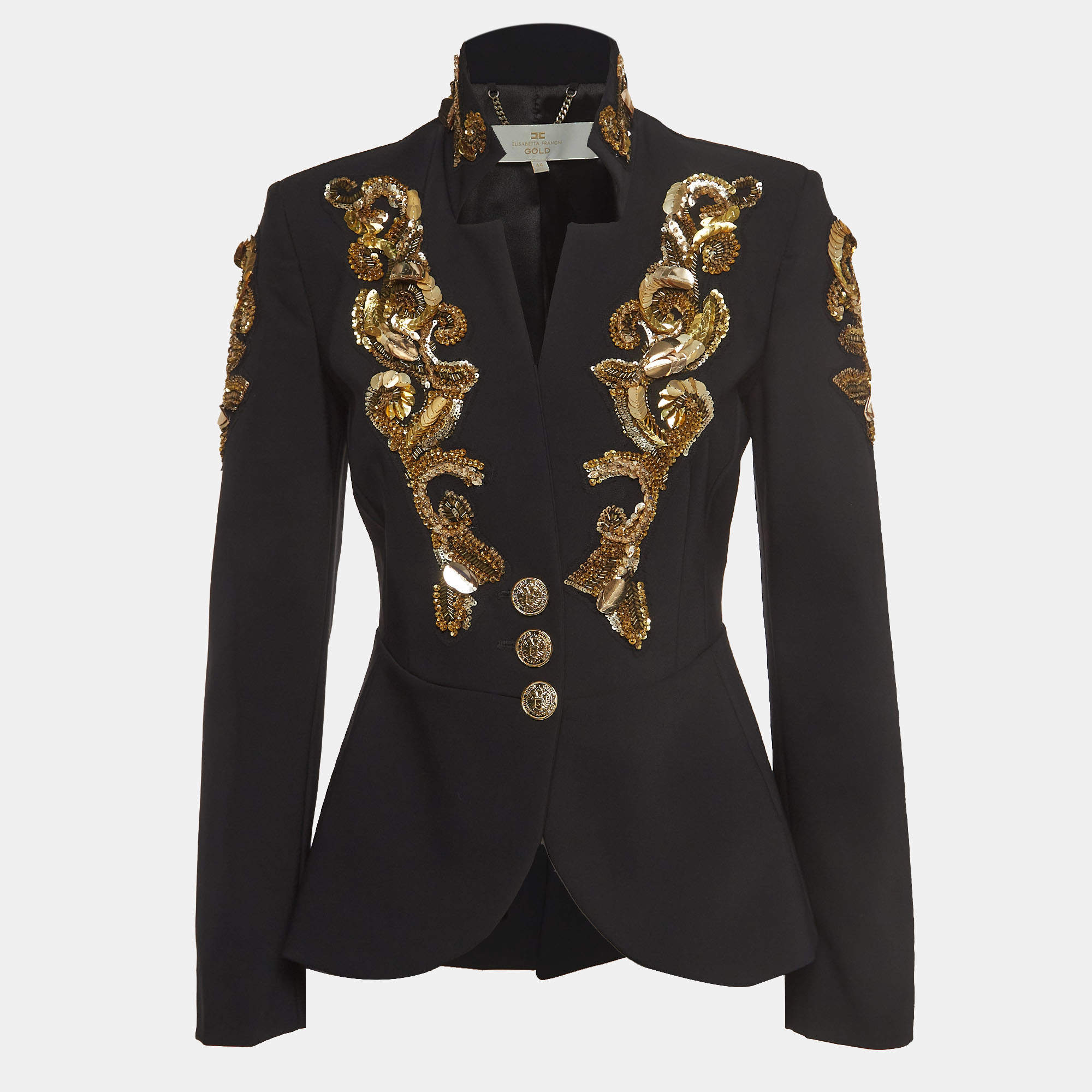 Pre Owned Elisabetta Franchi Black/Gold Sequin-Embellished Crepe Blazer M
