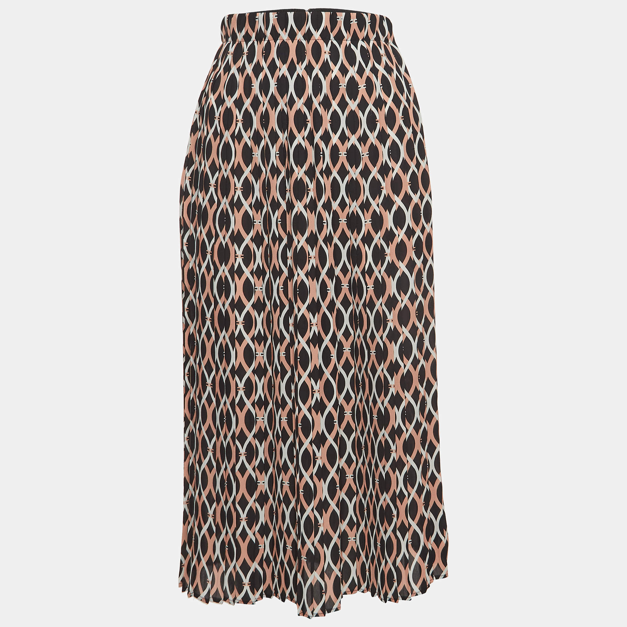 Pre Owned Elisabetta Franchi Black/Beige Printed Pleated Crepe Midi Skirt L