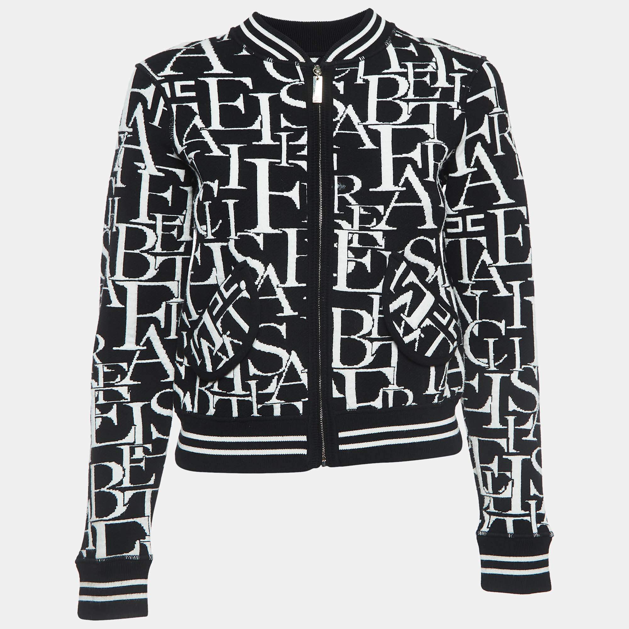 Elisabetta Franchi Black/White Patterned Knit Bomber Jacket S