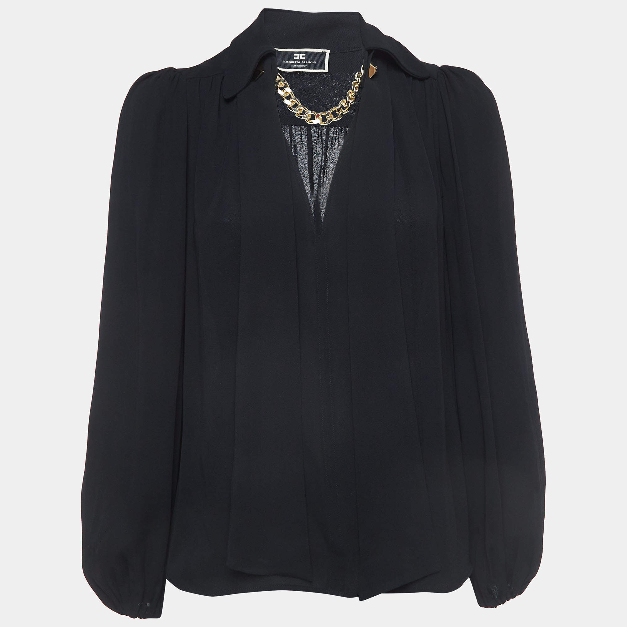 Pre Owned Elisabetta Franchi Black Crepe Chain Detail Long Sleeve Blouse S