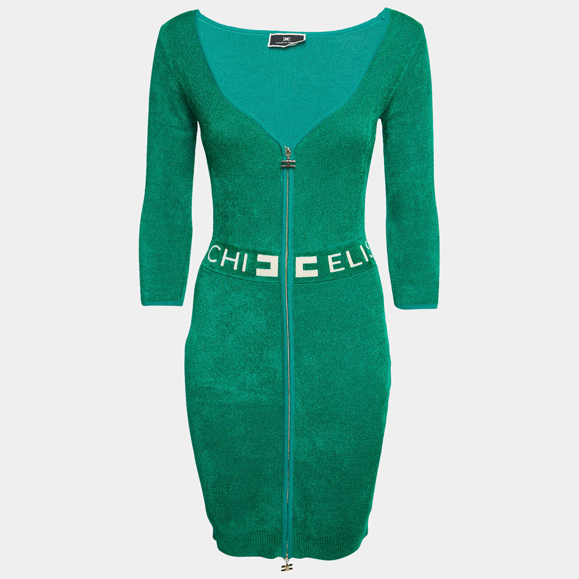 Pre Owned Elisabetta Franchi Green Terry Logo-Tape Detail Dress M