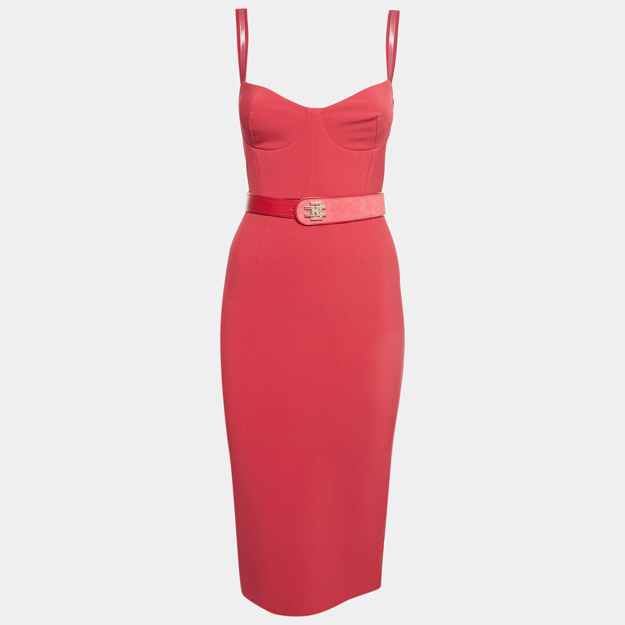 Elisabetta Franchi Pink Crepe Belted Fitted Midi Dress S