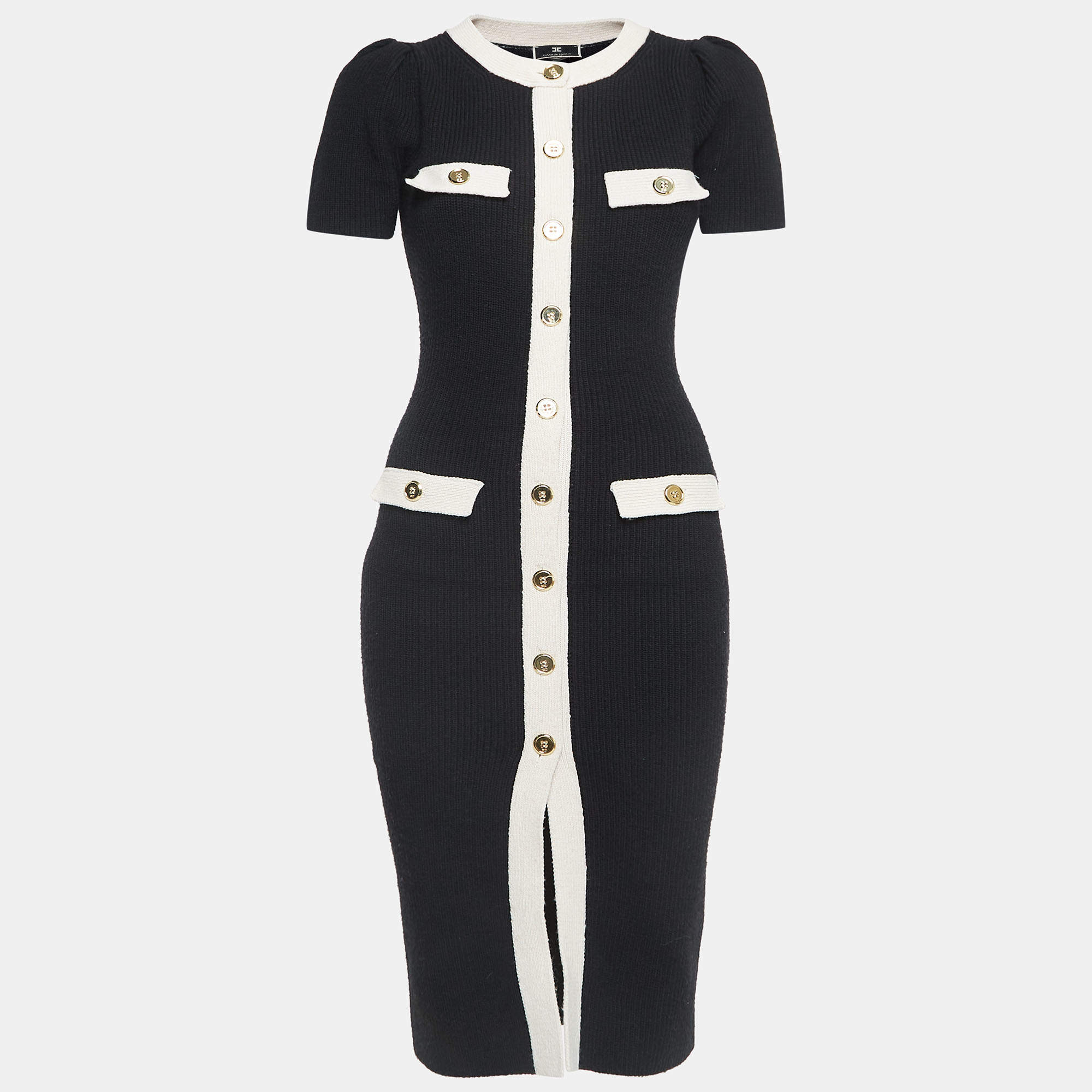 Pre Owned Elisabetta Franchi Black Wool Blend Knit Buttoned Midi Dress S