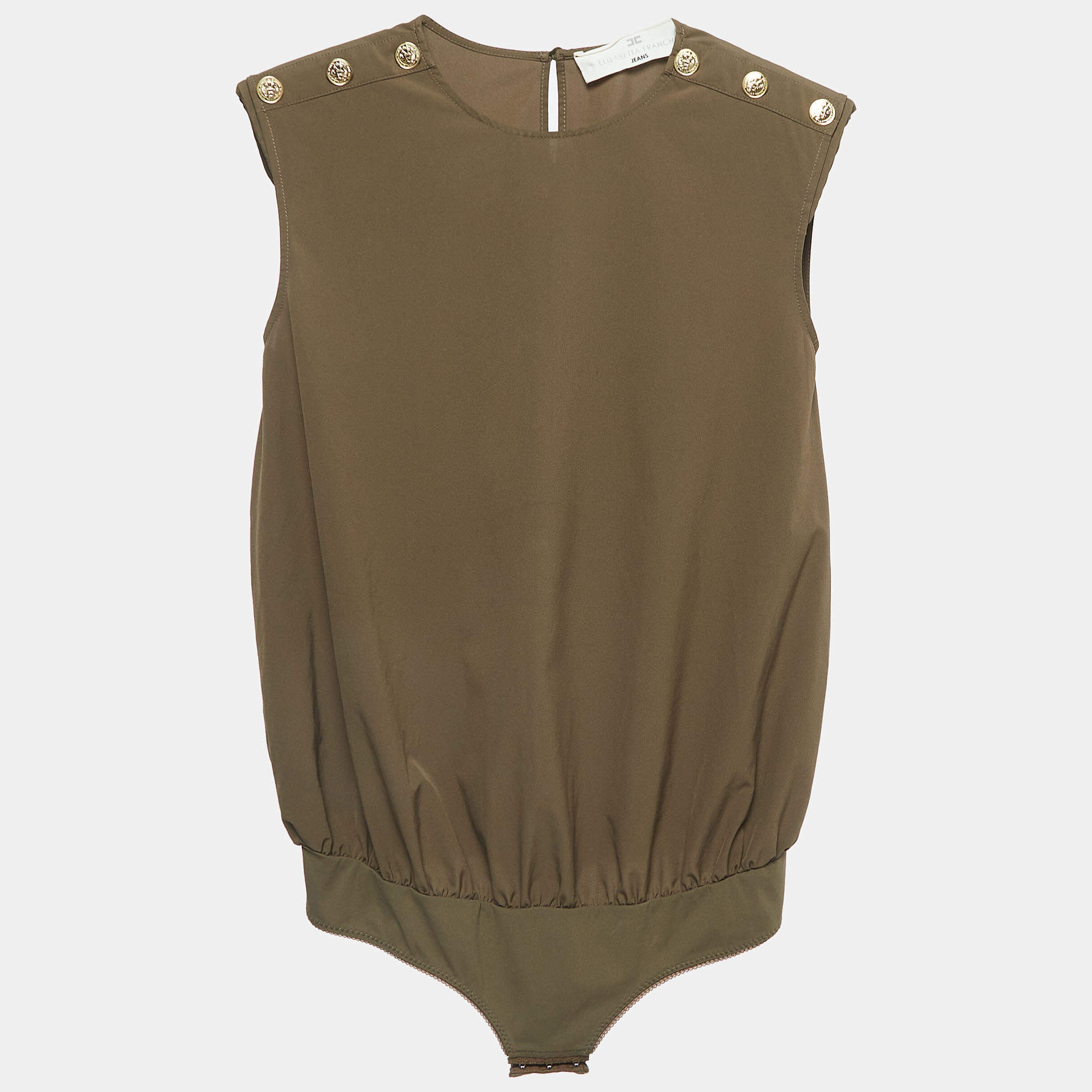 Elisabetta Franchi Olive Green Synthetic Button Embellished Bodysuit M