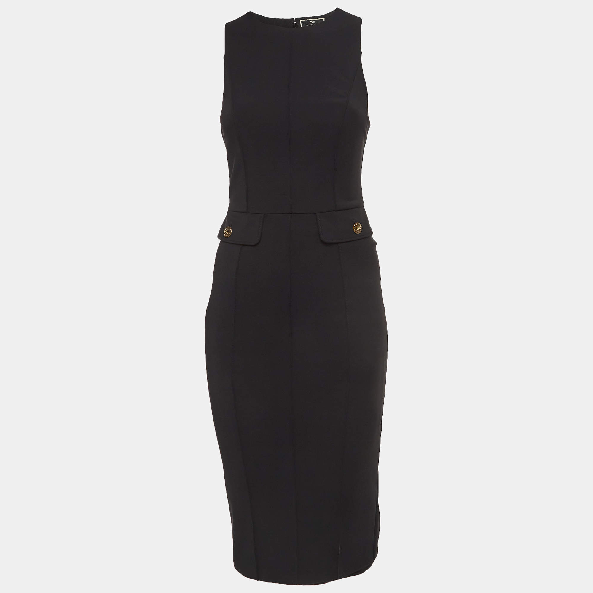 Elisabetta Franchi Black Crepe V-Neck Sheath Dress M