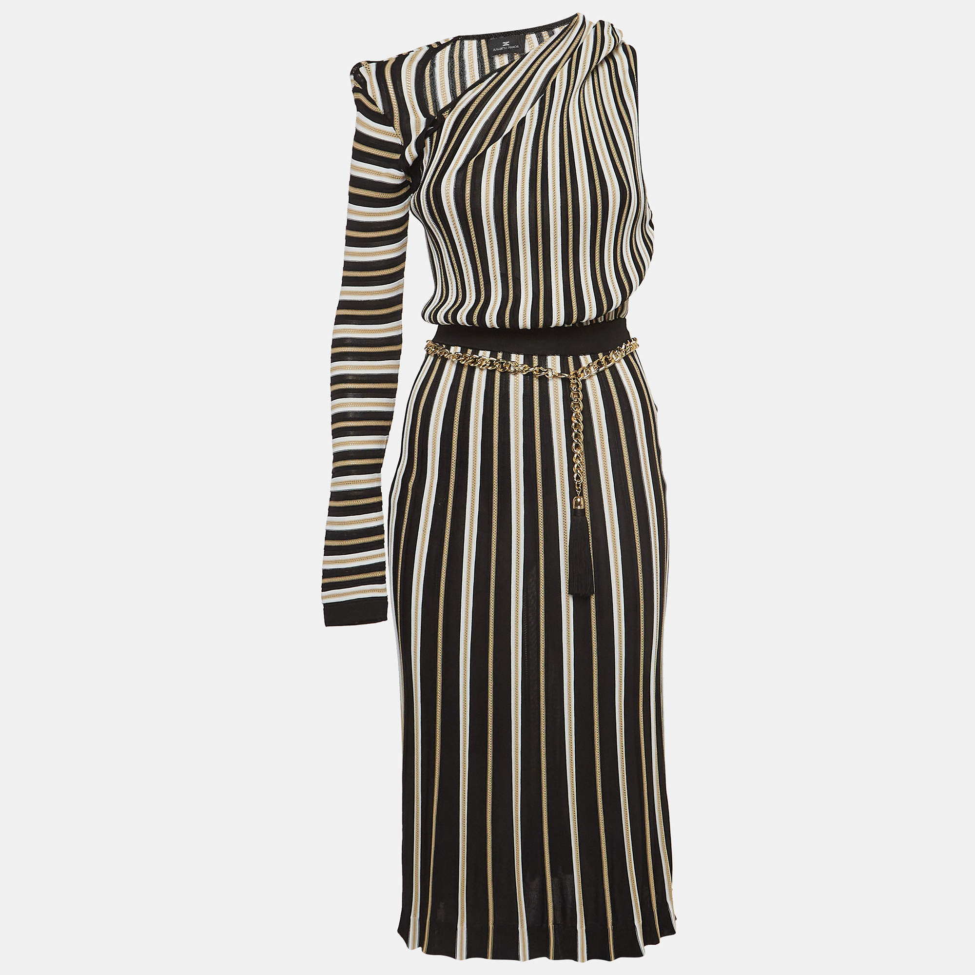 Pre Owned Elisabetta Franchi Black/Beige Knit One-Shoulder Midi Dress S