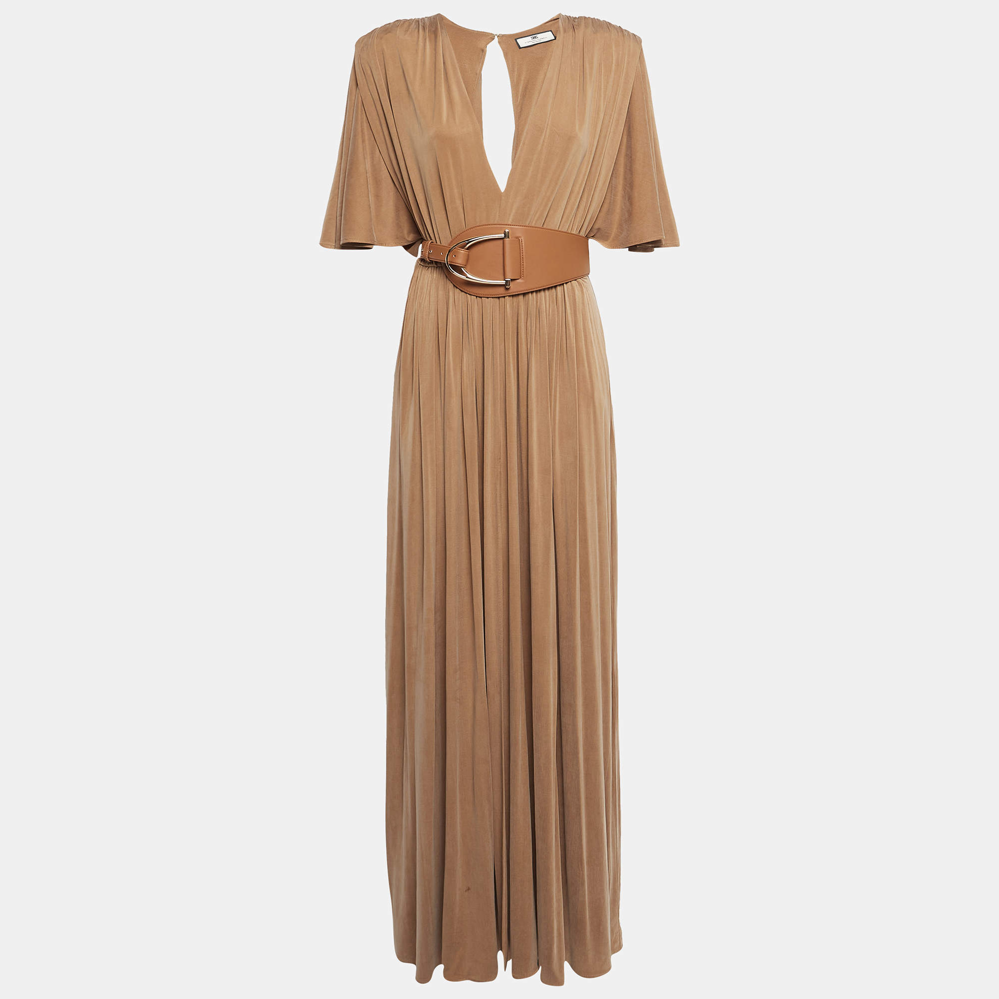 Pre Owned Elisabetta Franchi Brown Jersey Gathered Belter Maxi Dress M