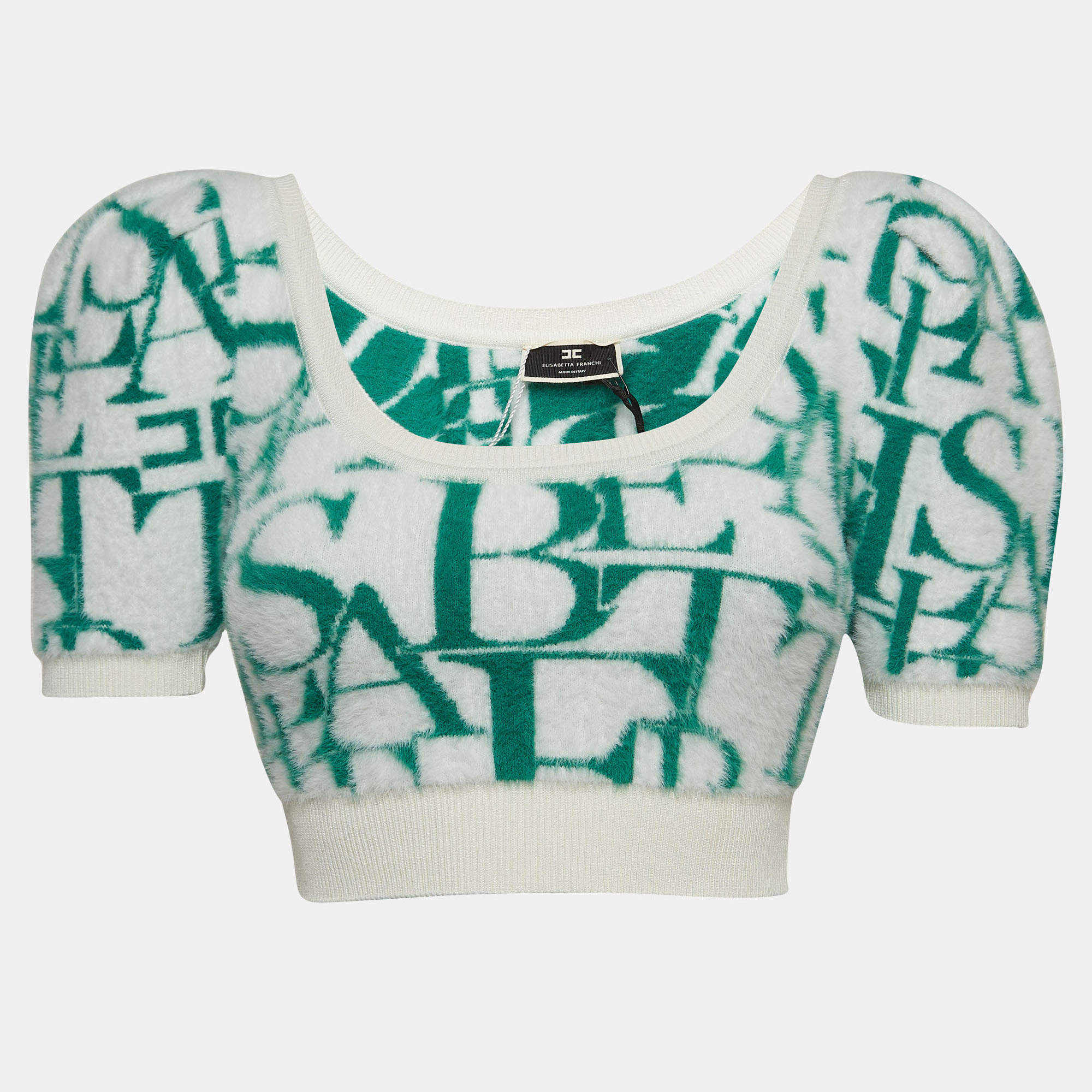 Pre Owned Elisabetta Franchi Green/White Lettering Fur Knit Balloon Sleeve Crop Top S