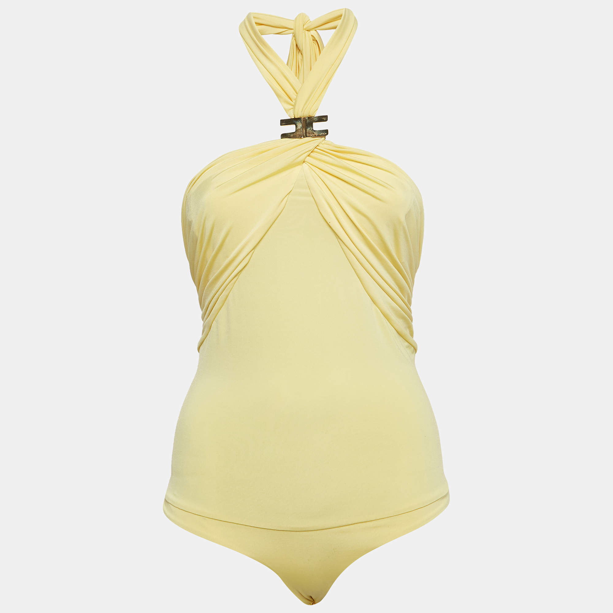 Elisabetta Franchi Yellow Metallic Logo Jersey Ruched Tie-Up Neck Bodysuit S