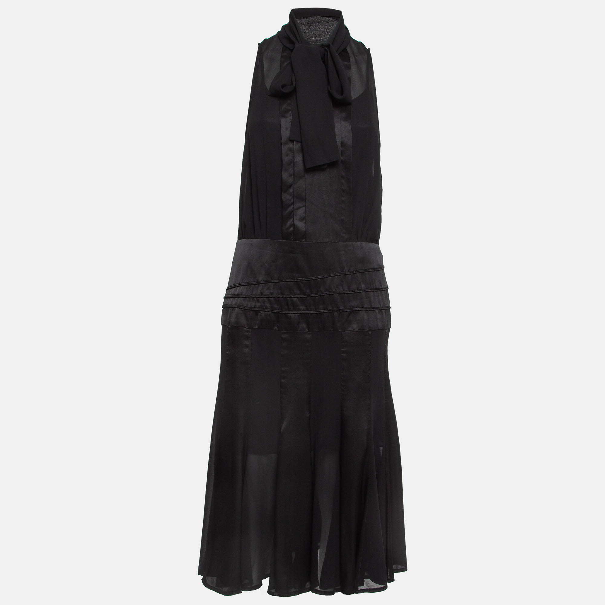 Pre Owned Elisabetta Franchi Black Satin Trim Chiffon Detachable Tie-Up Sleeveless Dress M