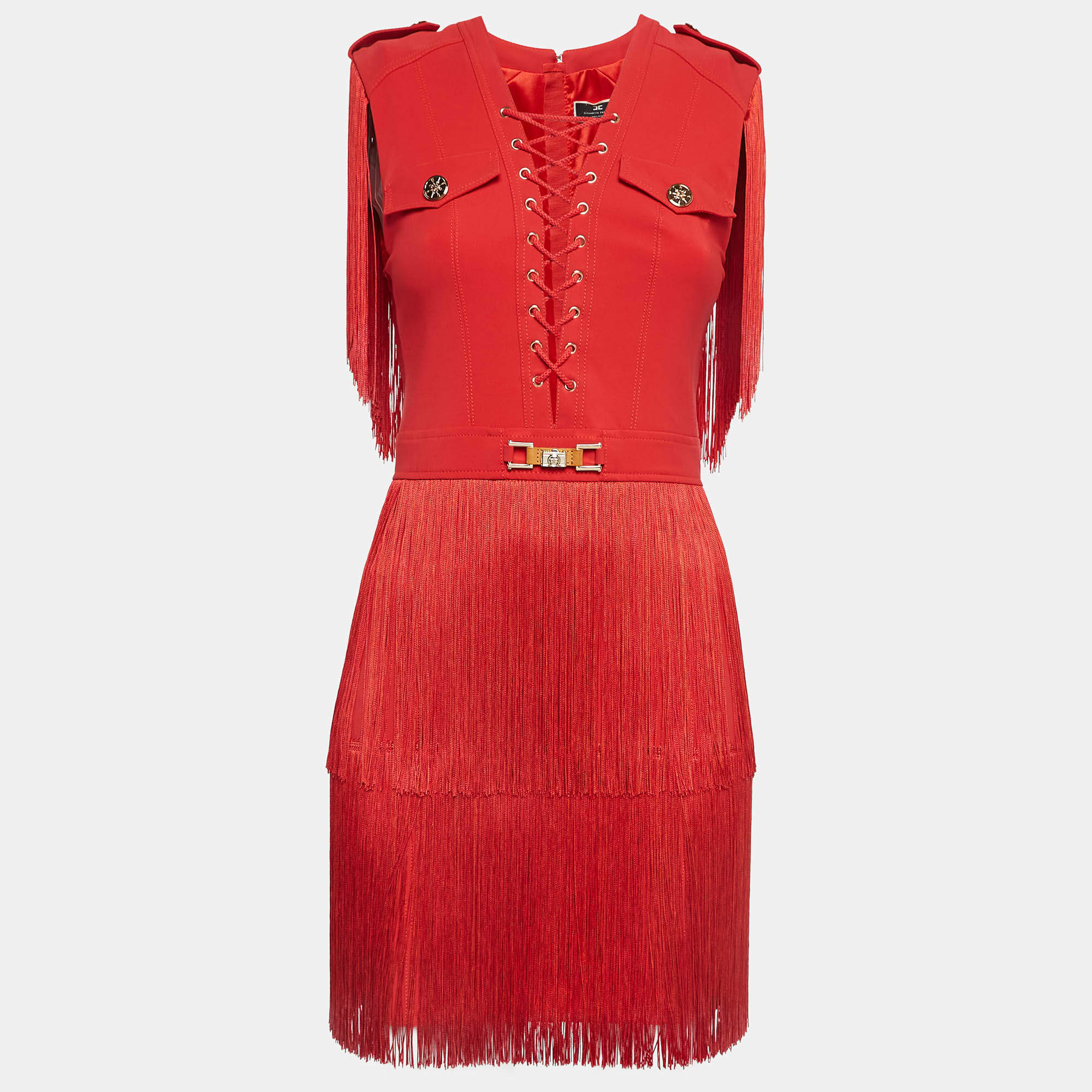 Pre Owned Elisabetta Franchi Red Polyamide Fringed Mini Dress M