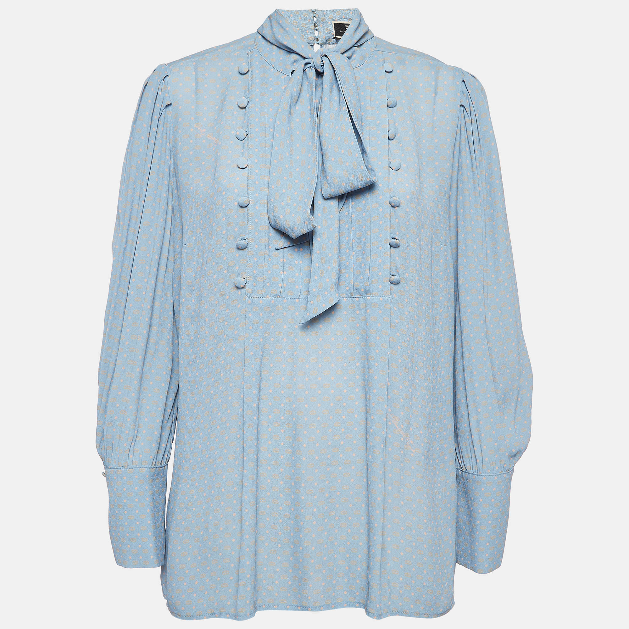 Pre Owned Elisabetta Franchi Blue Printed Crepe Tie Neck Blouse M
