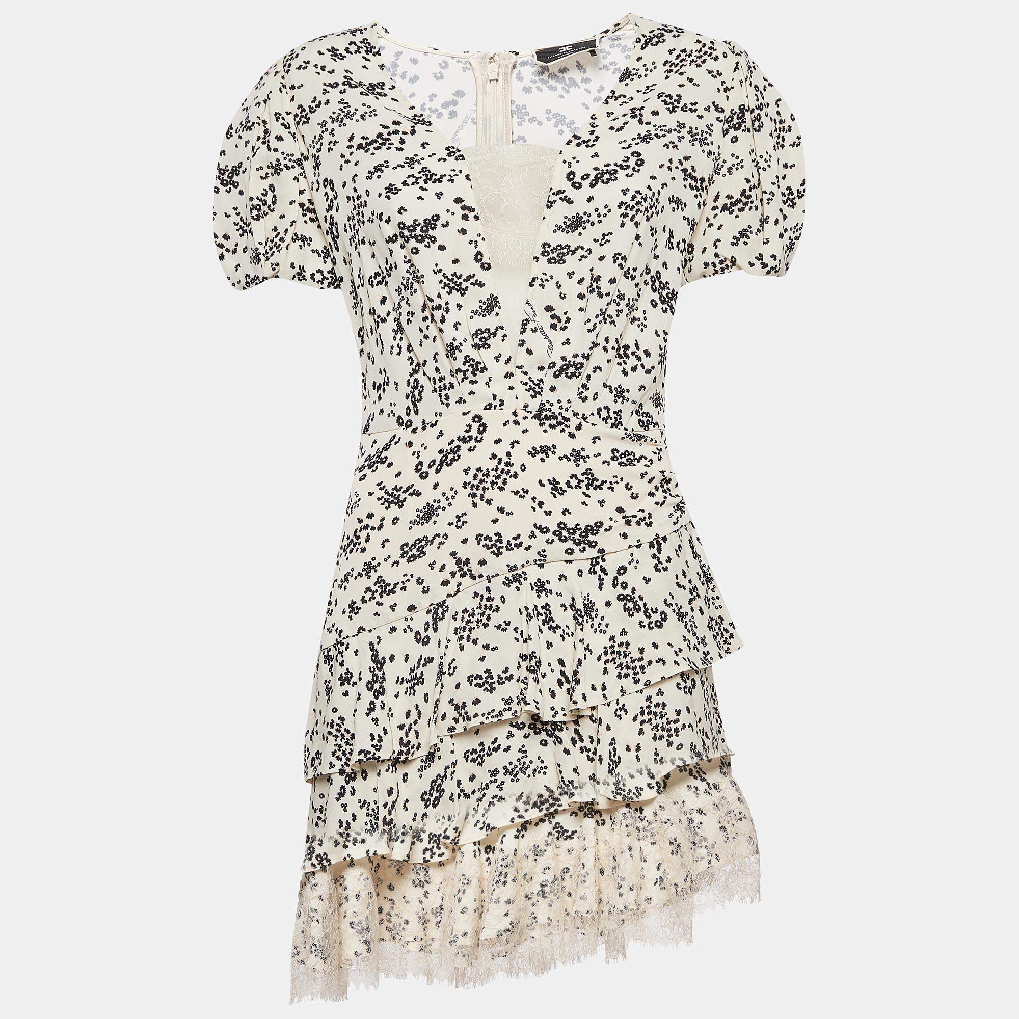 Pre Owned Elisabetta Franchi Cream Floral Print Lace Trim Crepe Tiered Mini Dress M