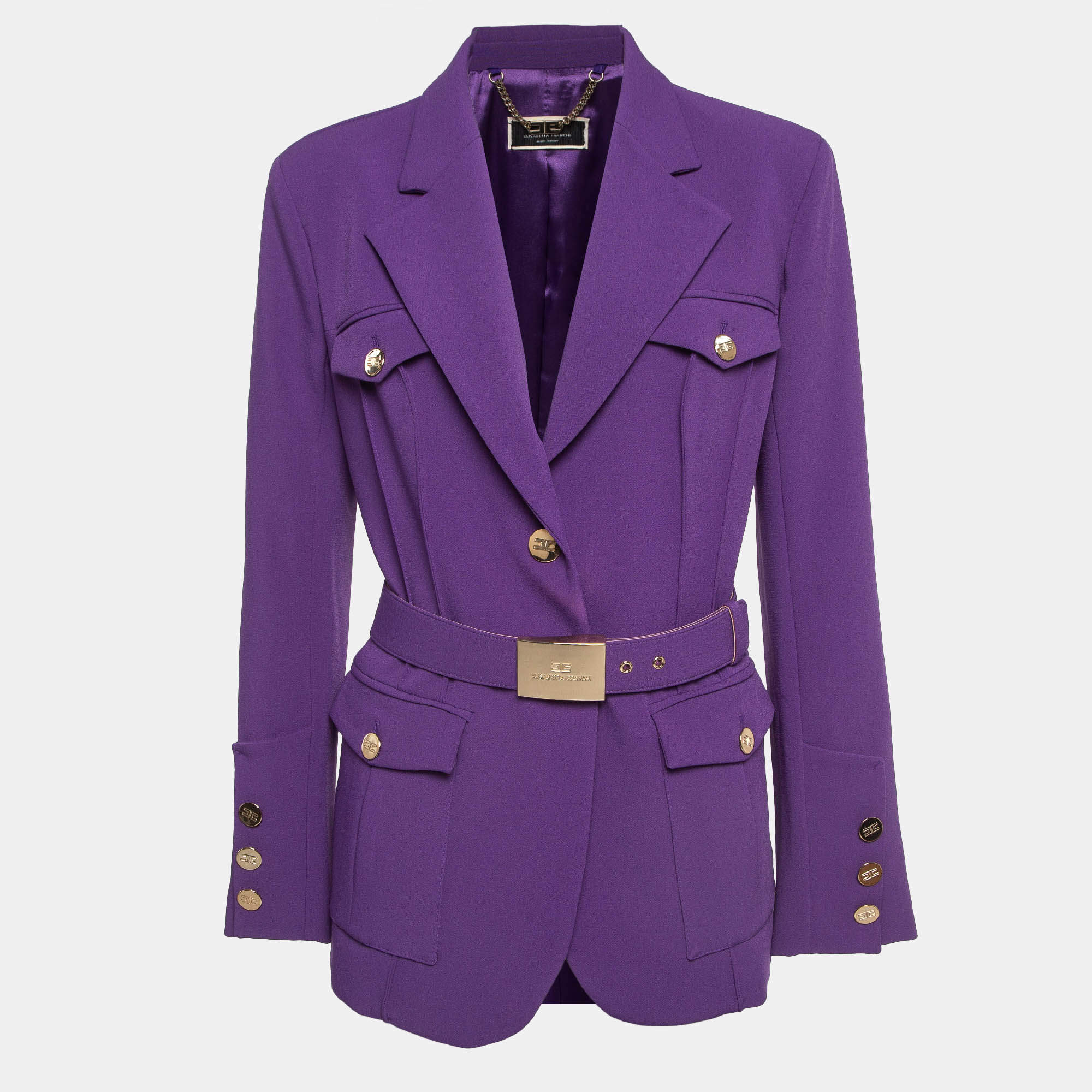 Pre Owned Elisabetta Franchi Purple Logo Belted Crepe Army-Chic Jacket L