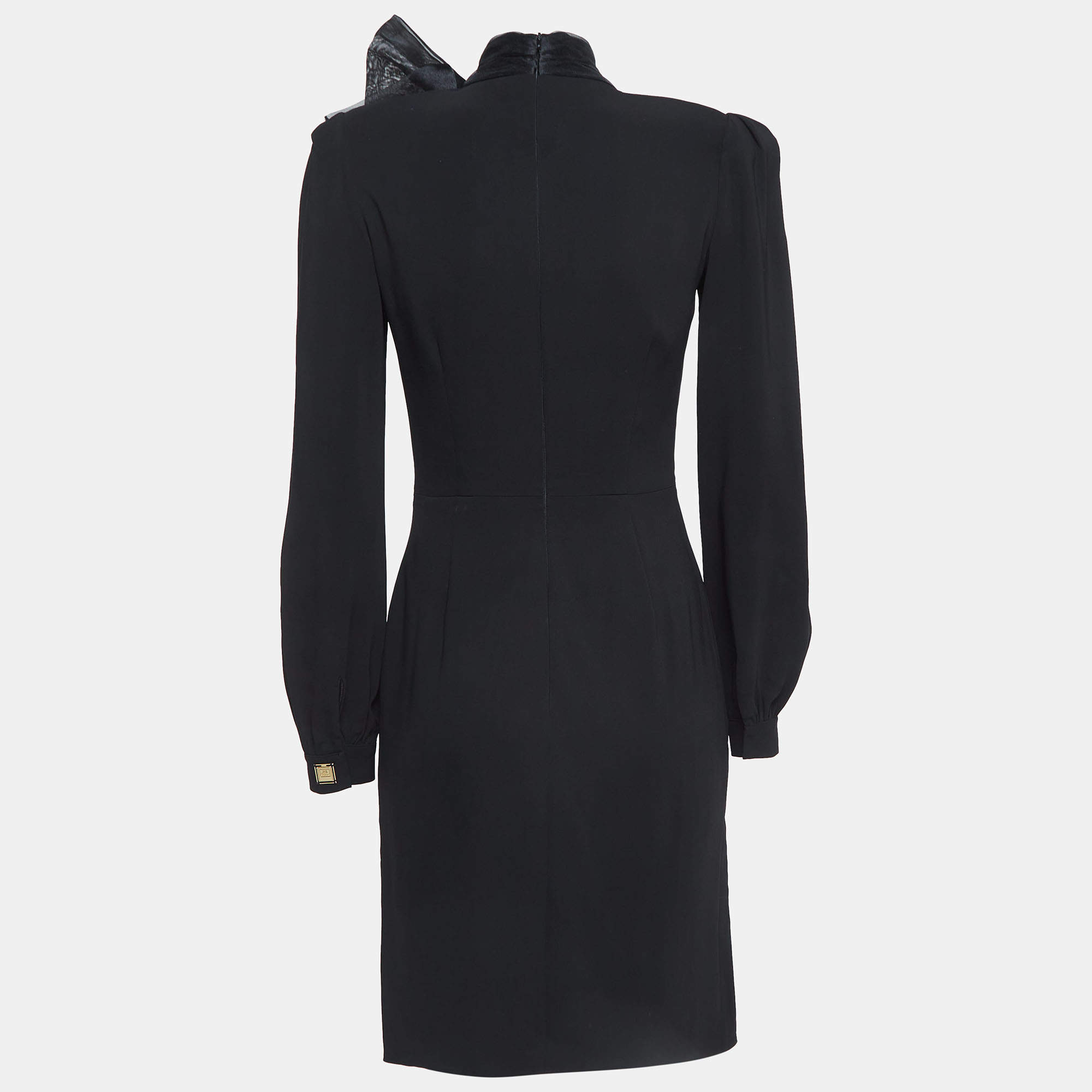 Pre Owned Elisabetta Franchi Black Crepe Bow Tie Mock Neck Mini Dress M