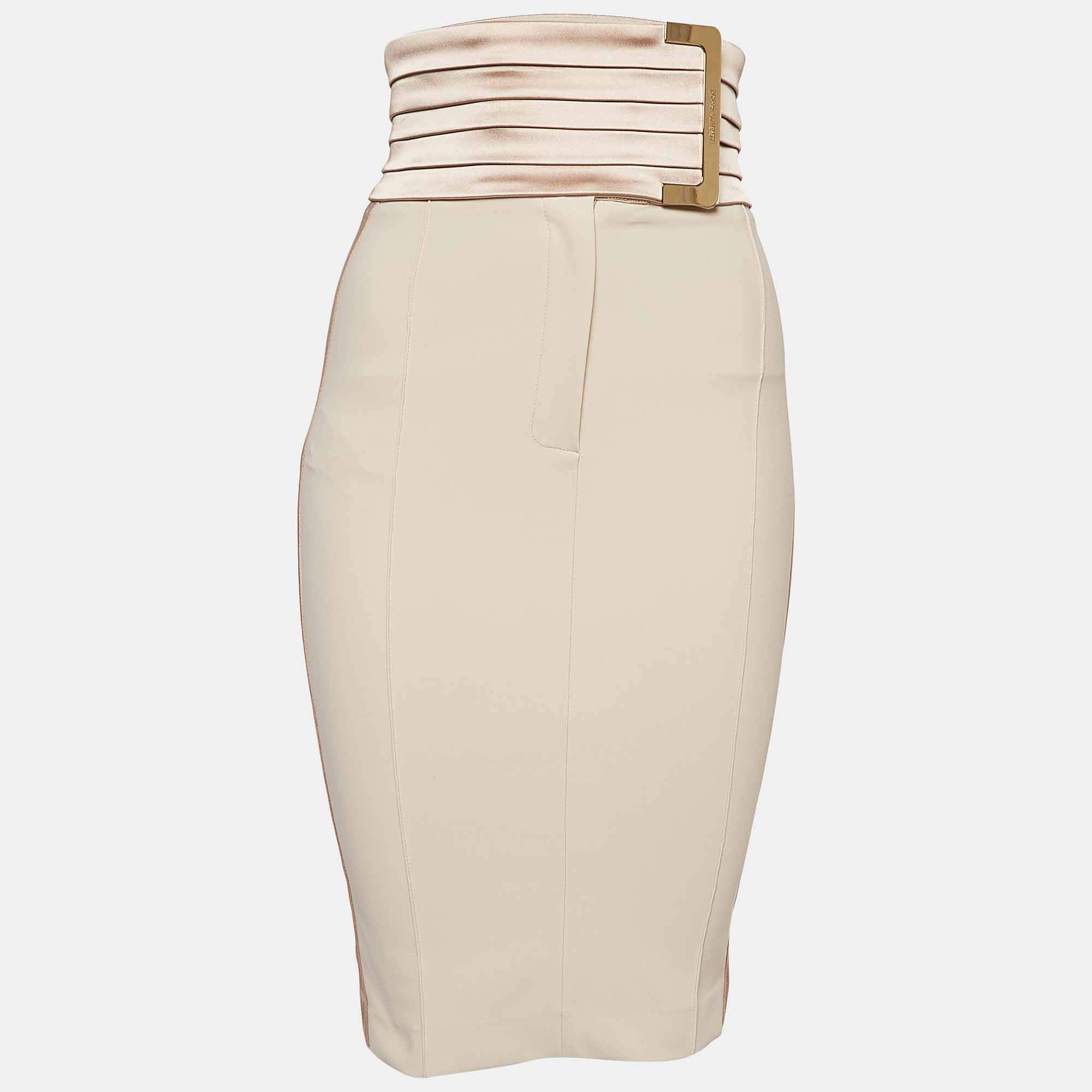 Pre Owned Elisabetta Franchi Beige Gold Stretch Crepe Short Skirt S