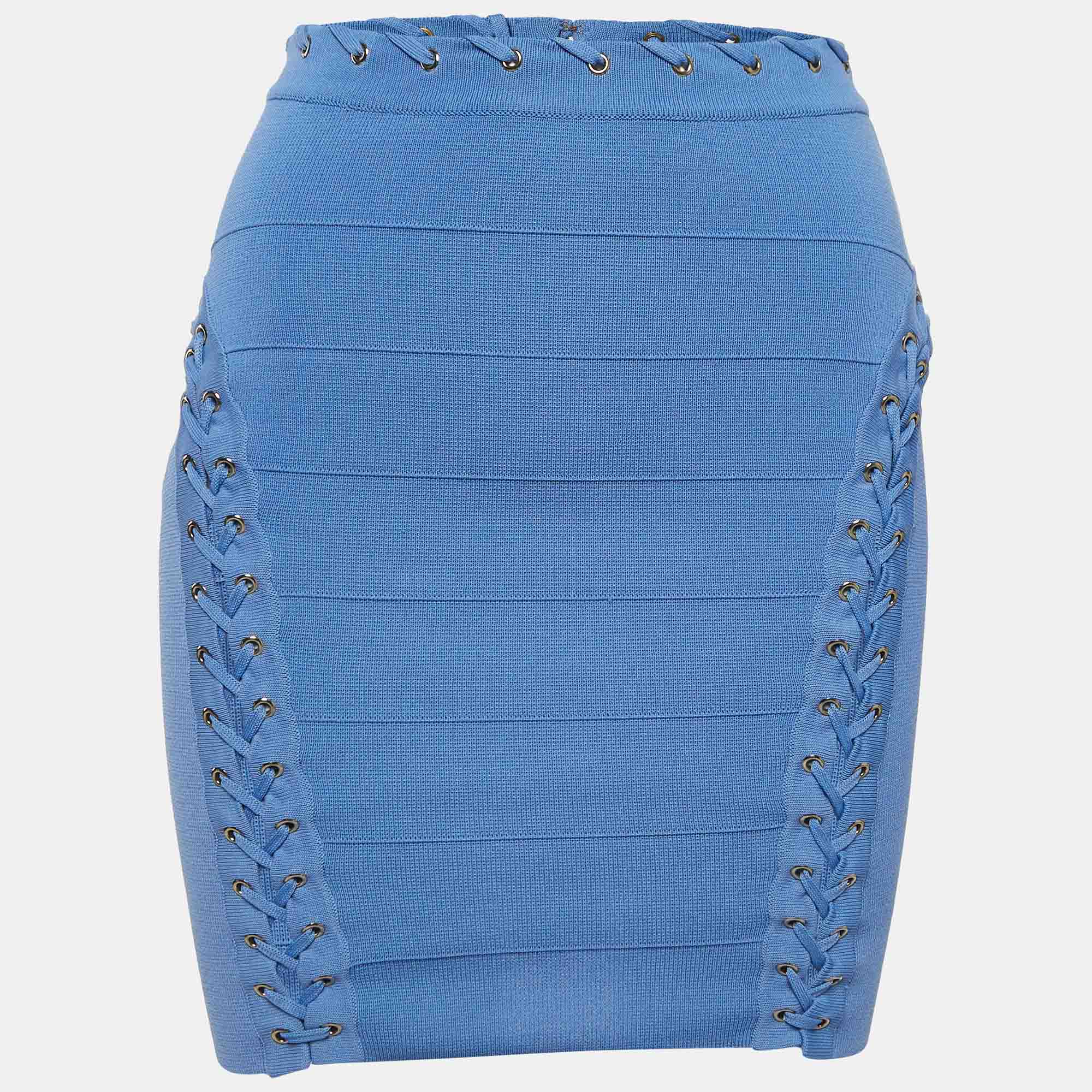 Pre Owned Elisabetta Franchi Blue Knit  Lace and Eyelets Detailed  Mini Skirt S