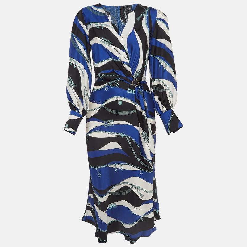 Pre Owned Elisabetta Franchi Blue Printed Detailed Buckle Midi Dress S