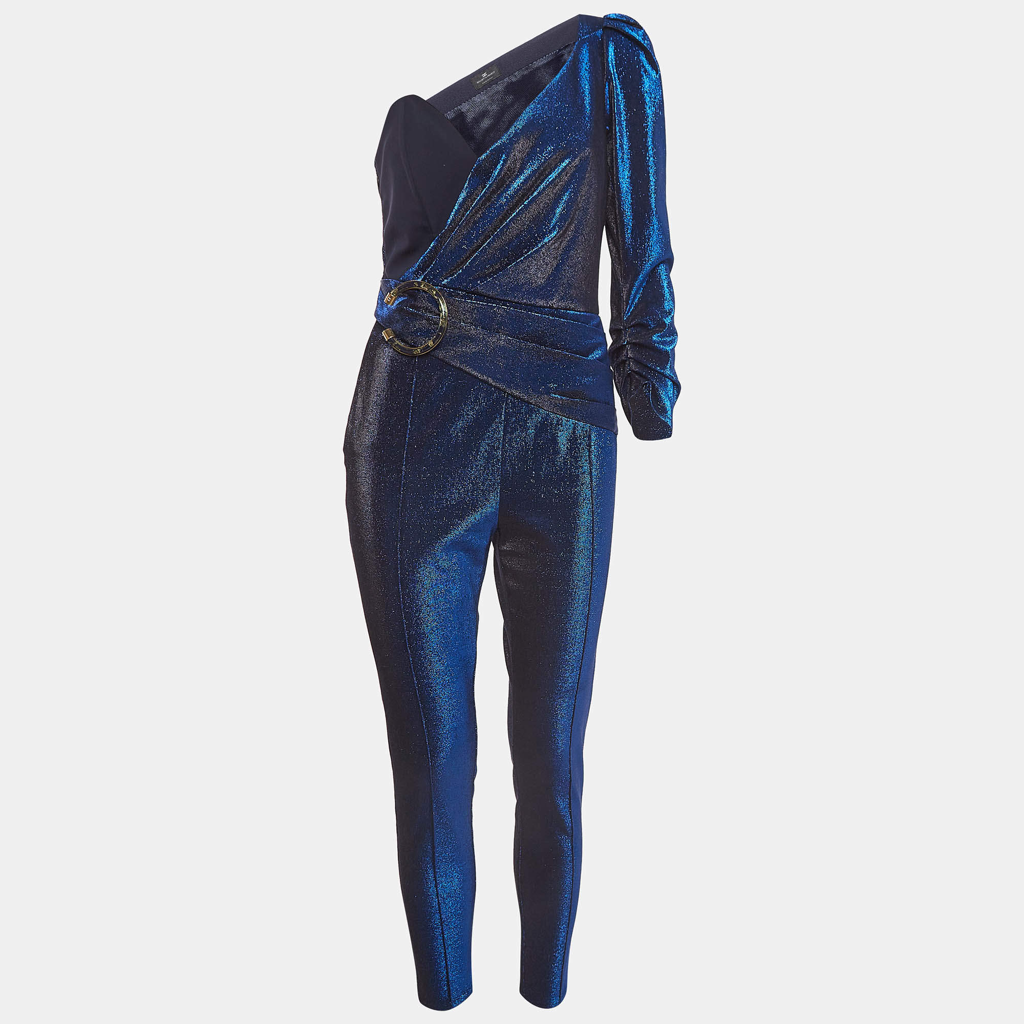 Elisabetta Franchi Blue Lurex Knit One Shoulder Jumpsuit M