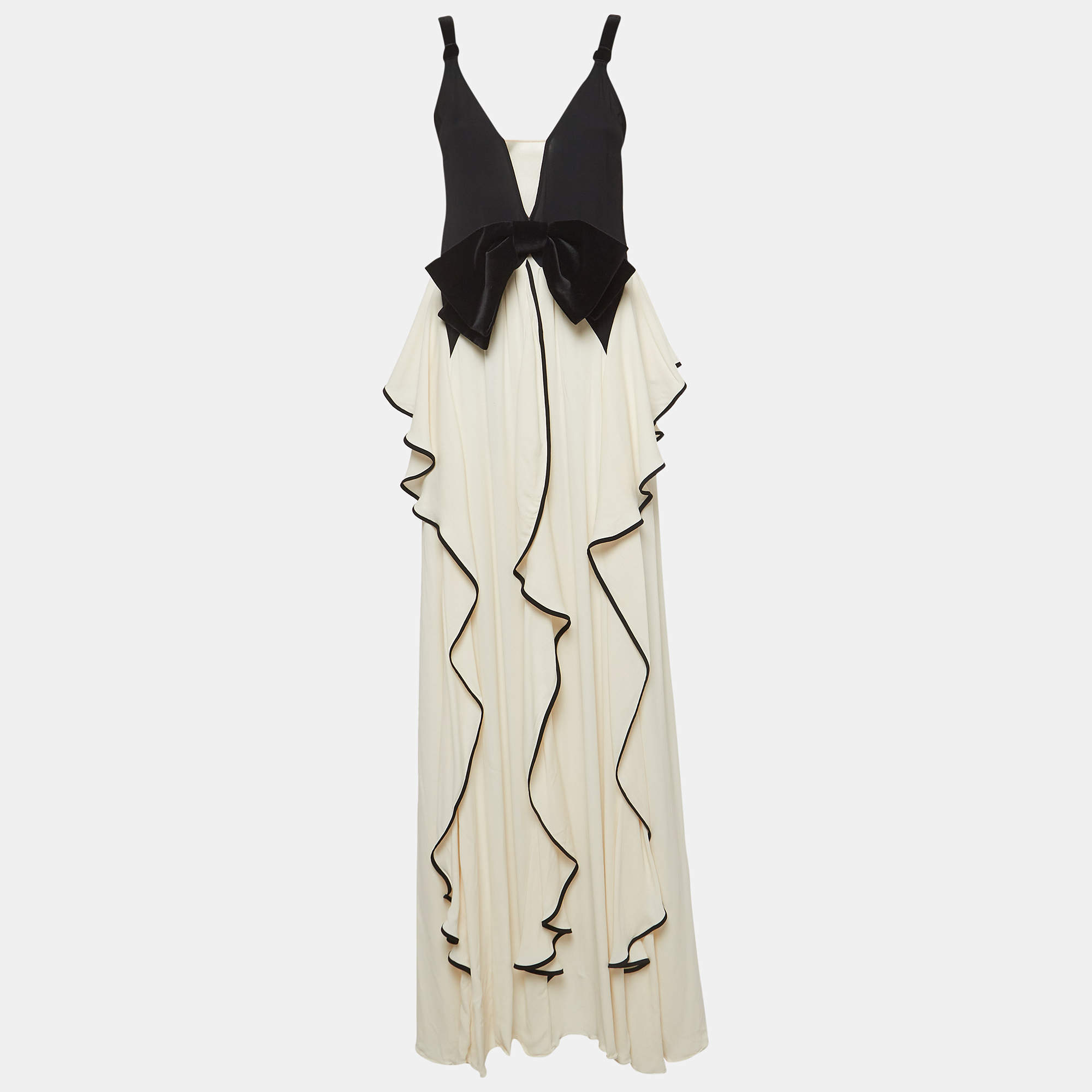 Pre Owned Elisabetta Franchi Cream Velvet Bow and Georgette Ruffled Maxi Dress M