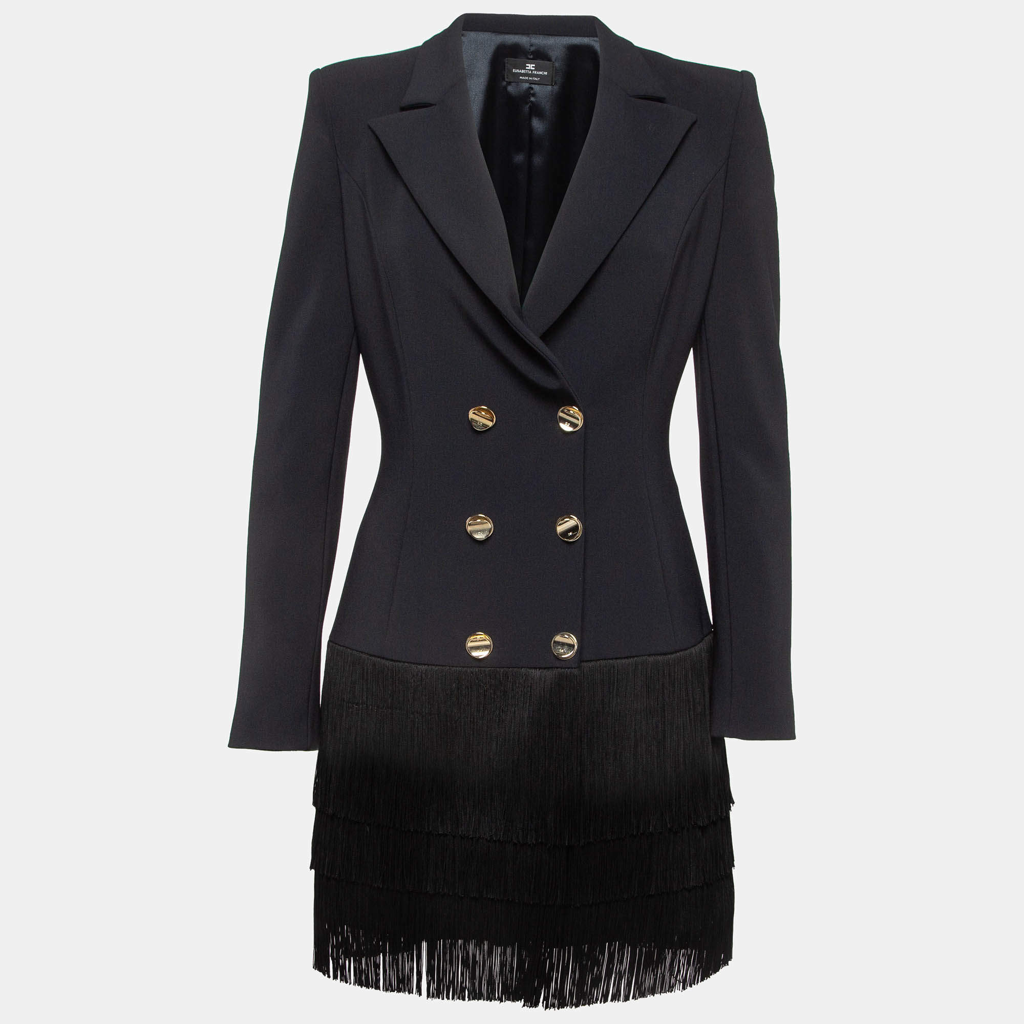 Pre Owned Elisabetta Franchi Black Crepe Fringed Double Breasted Blazer M