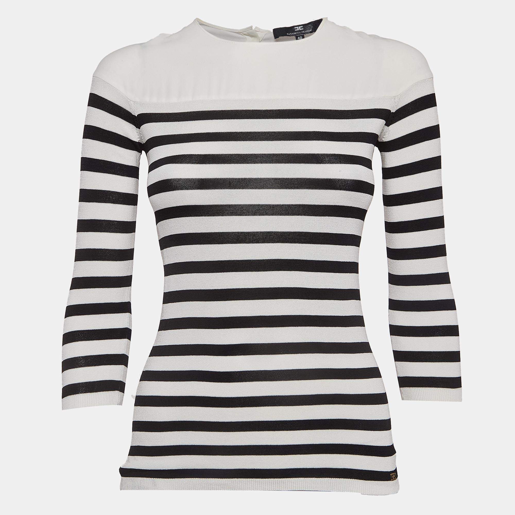 Elisabetta Franchi White & Black Strip Patterned Knit Sweater M