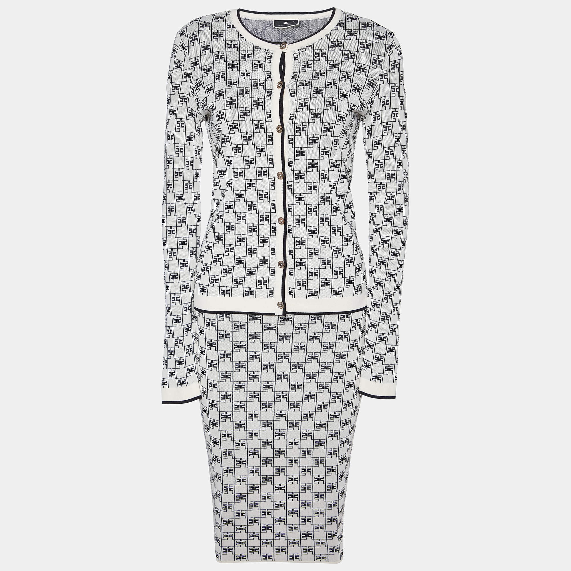 Pre Owned Elisabetta Franchi Ivory Logo Pattern Knit Skirt & Cardigan Set S