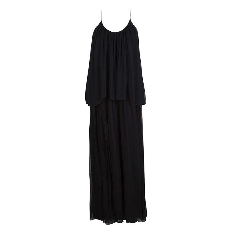 Pre Owned Elizabeth and James Black Silk Chiffon Mael Blouson Maxi Dress M