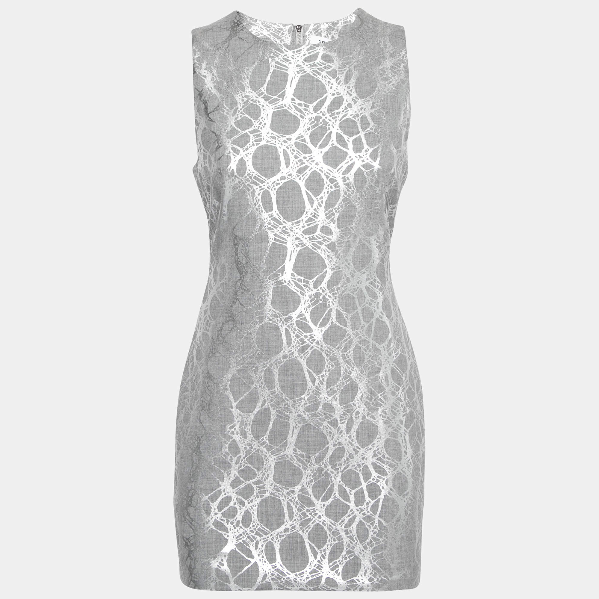 Elizabeth and James Heather Grey and Silver Foil Print Sleeveless Nadia Sheath Dress M