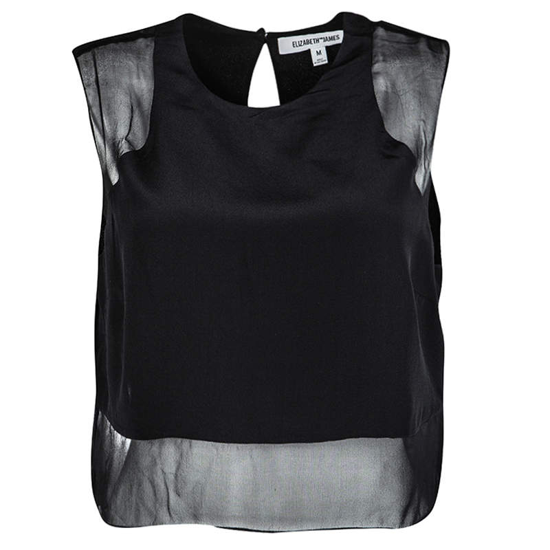 Elizabeth and James Black Silk Sheer Panel Detail Crop Top M