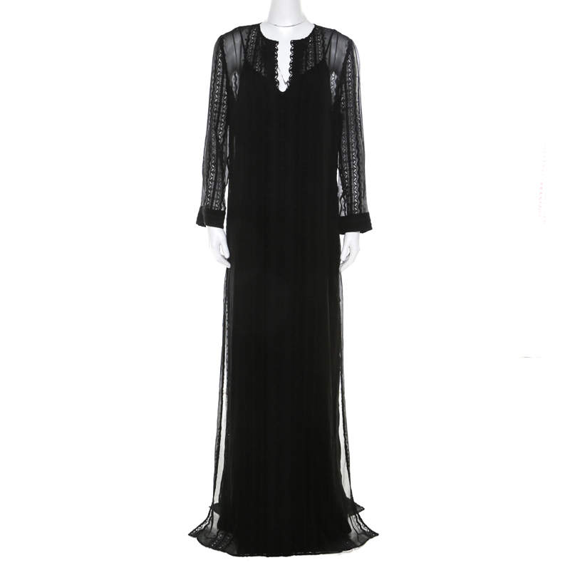 Elizabeth & James Black Embroidered Silk Mia Maxi Dress L