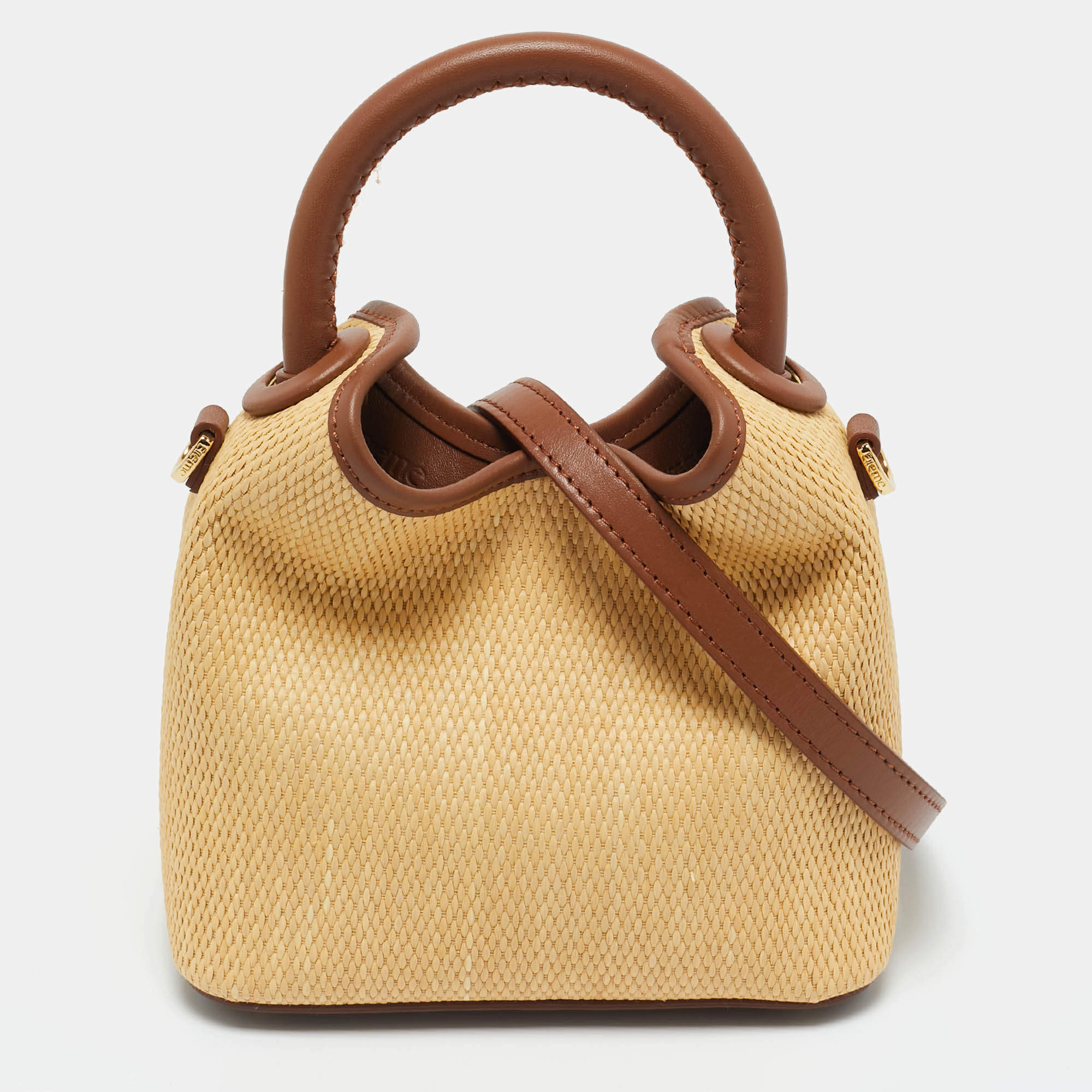 Pre Owned Elleme Cream/Brown Leather and Raffia Baozi Bucket Bag