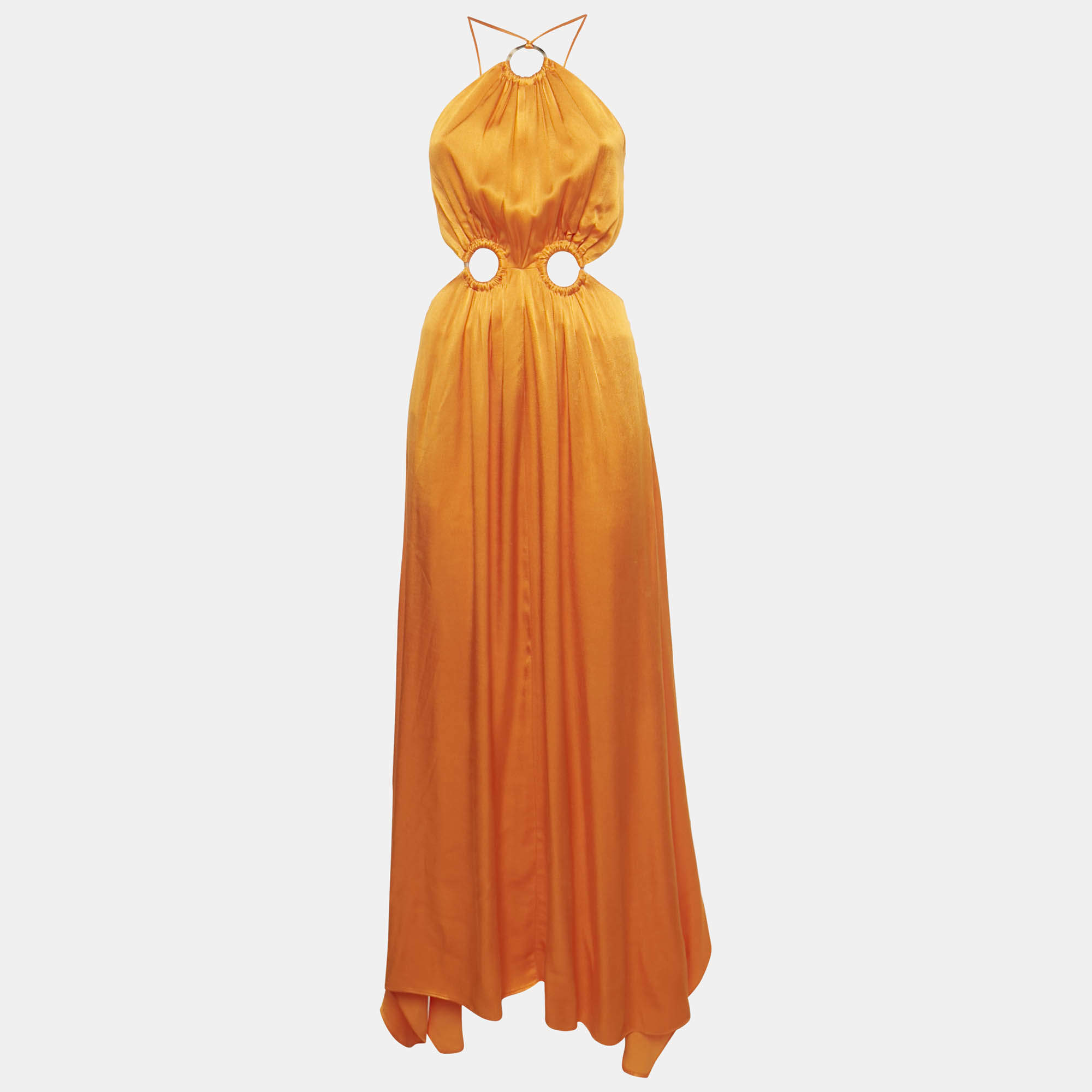 Pre Owned Elliatt Orange Satin Ring Detail Asymmetric Maxi Dress XXS
