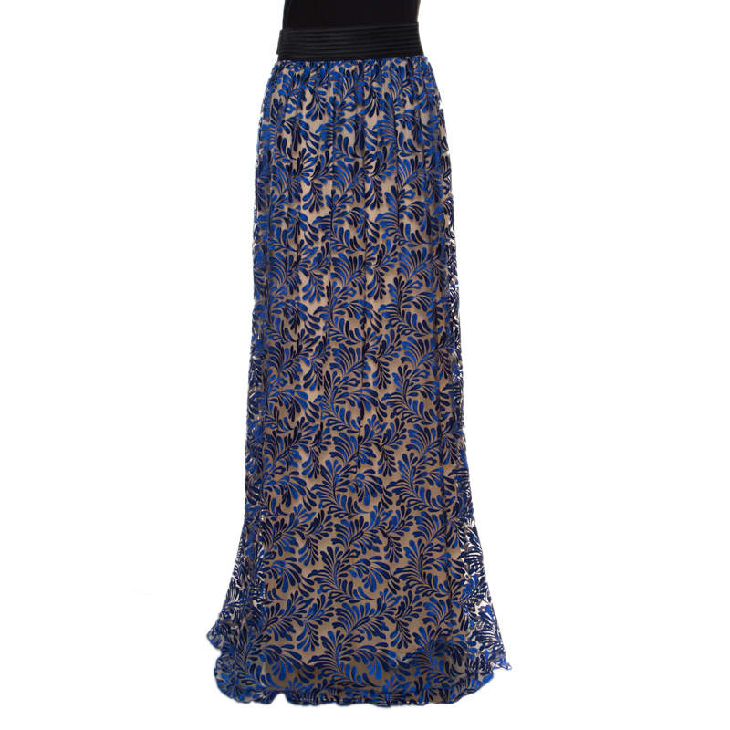 Emanuel Ungaro Royal Blue Tulle Foliage Embroidered Maxi Skirt L