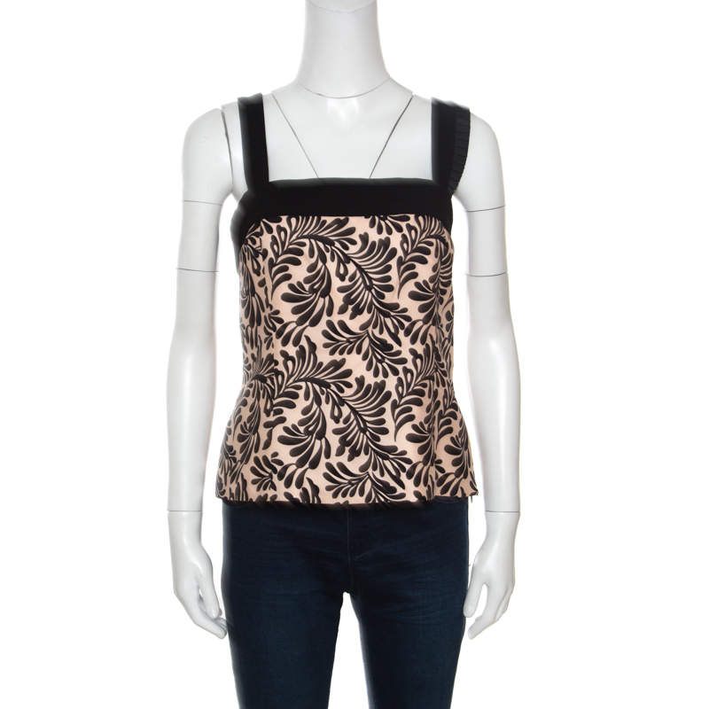 Emanuel Ungaro Monochrome Foliage Printed Silk Sleeveless Top L