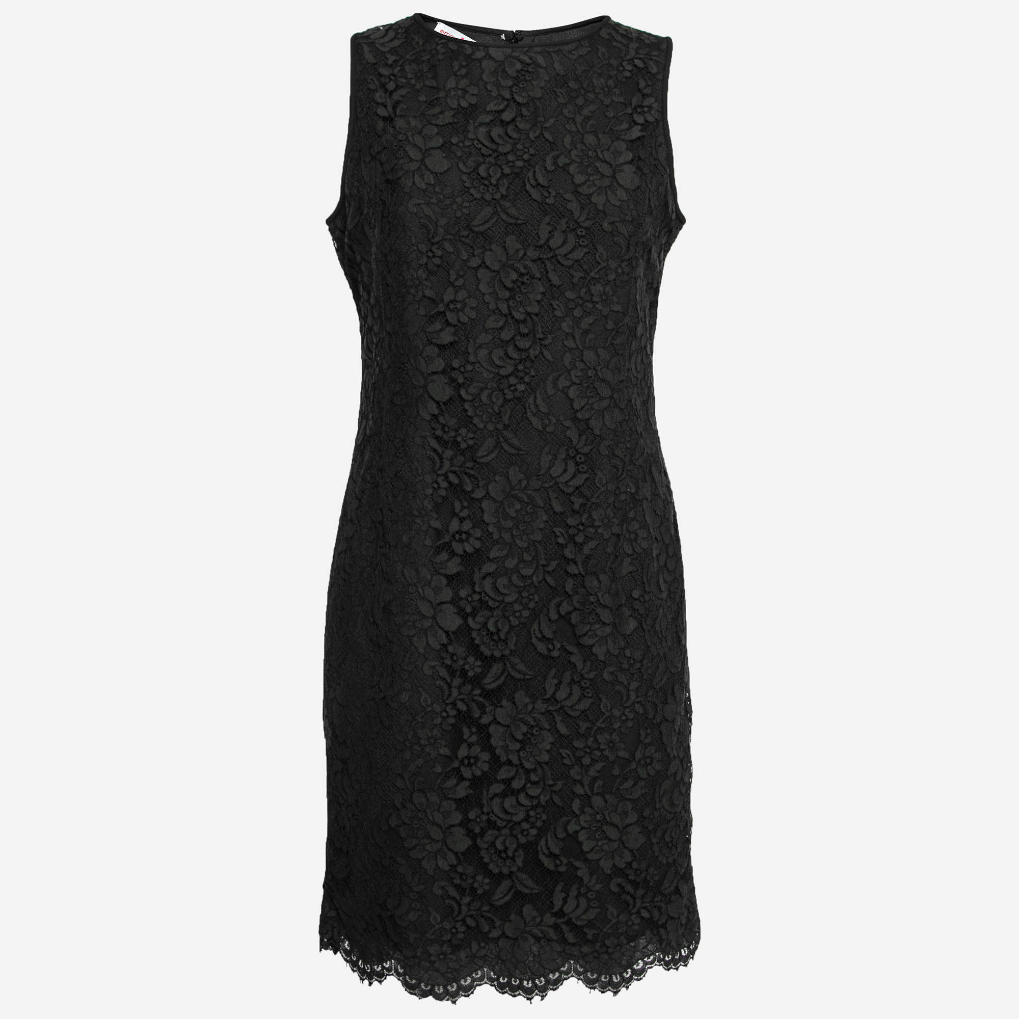 Emanuel Ungaro Collection Black Floral Lace Scalloped Hem Sleeveless Dress L