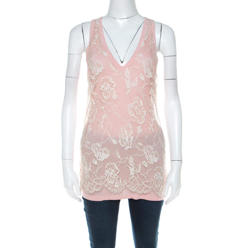 Emanuel Ungaro Pale Pink Floral Lace Overlay Tank Top L