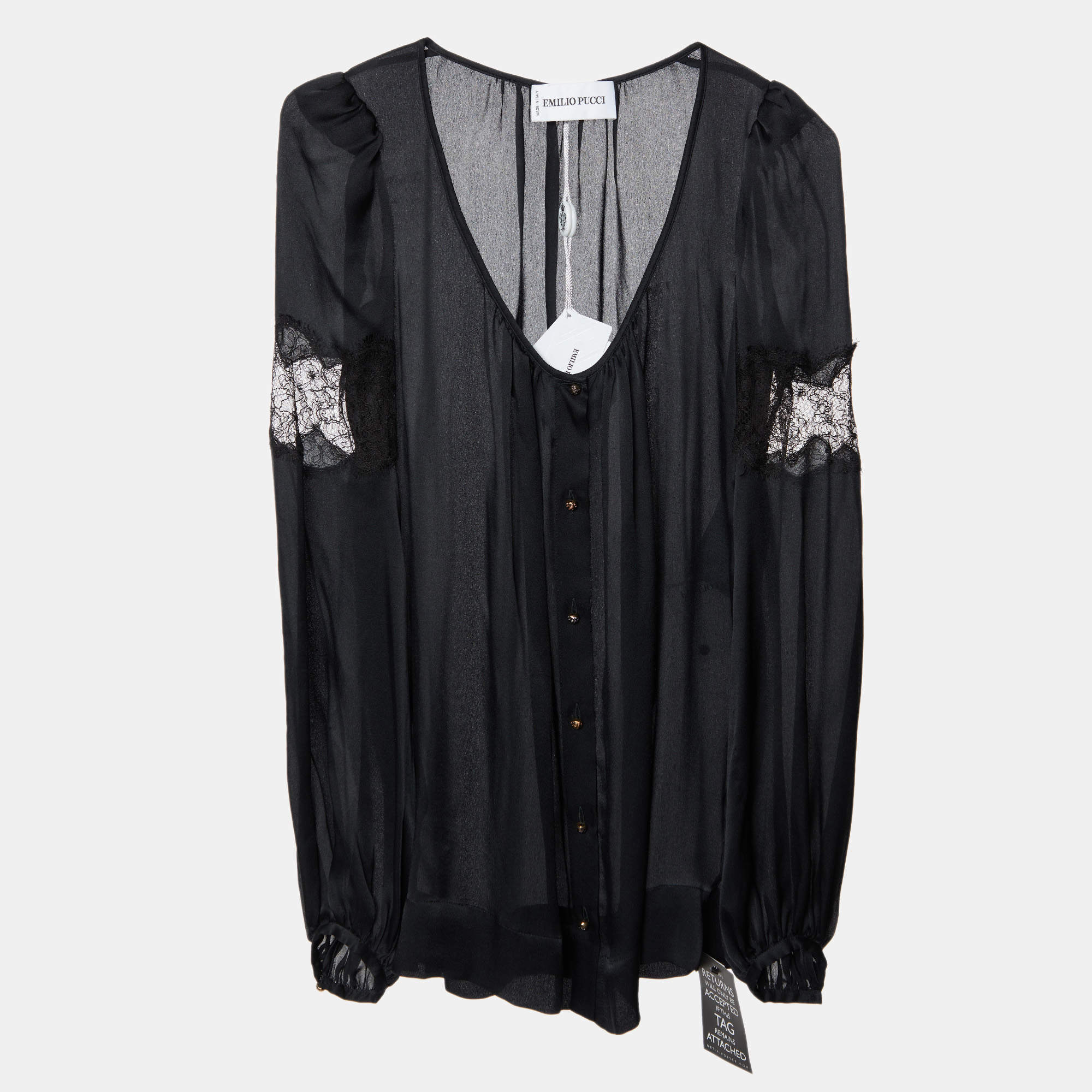 Emilio Pucci Black Silk Lace Trim Top S