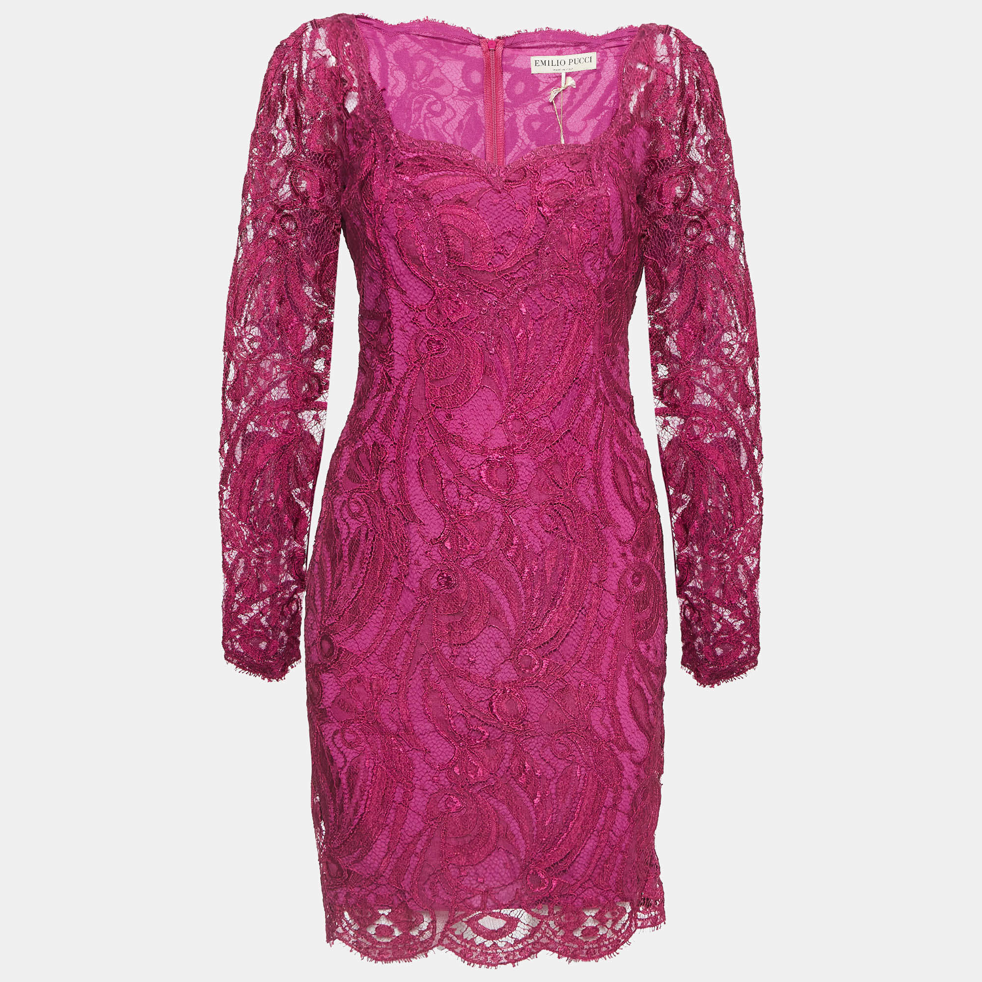 Pre Owned Emilio Pucci Pink Lace V-Neck Mini Dress M