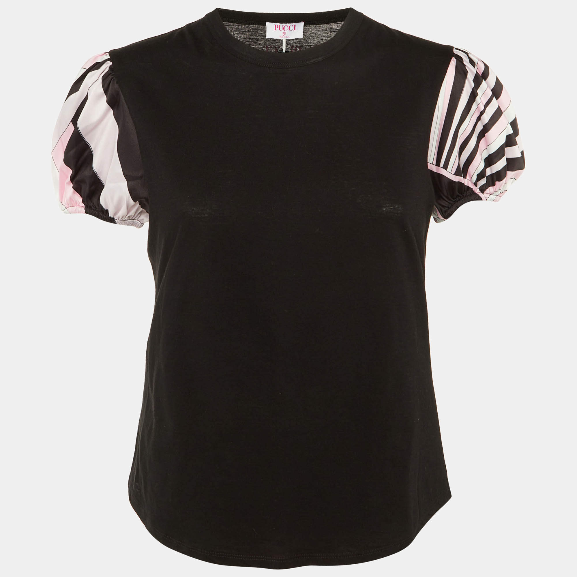 Pre Owned Pucci Black Cotton & Satin Puff Sleeve T-Shirt M
