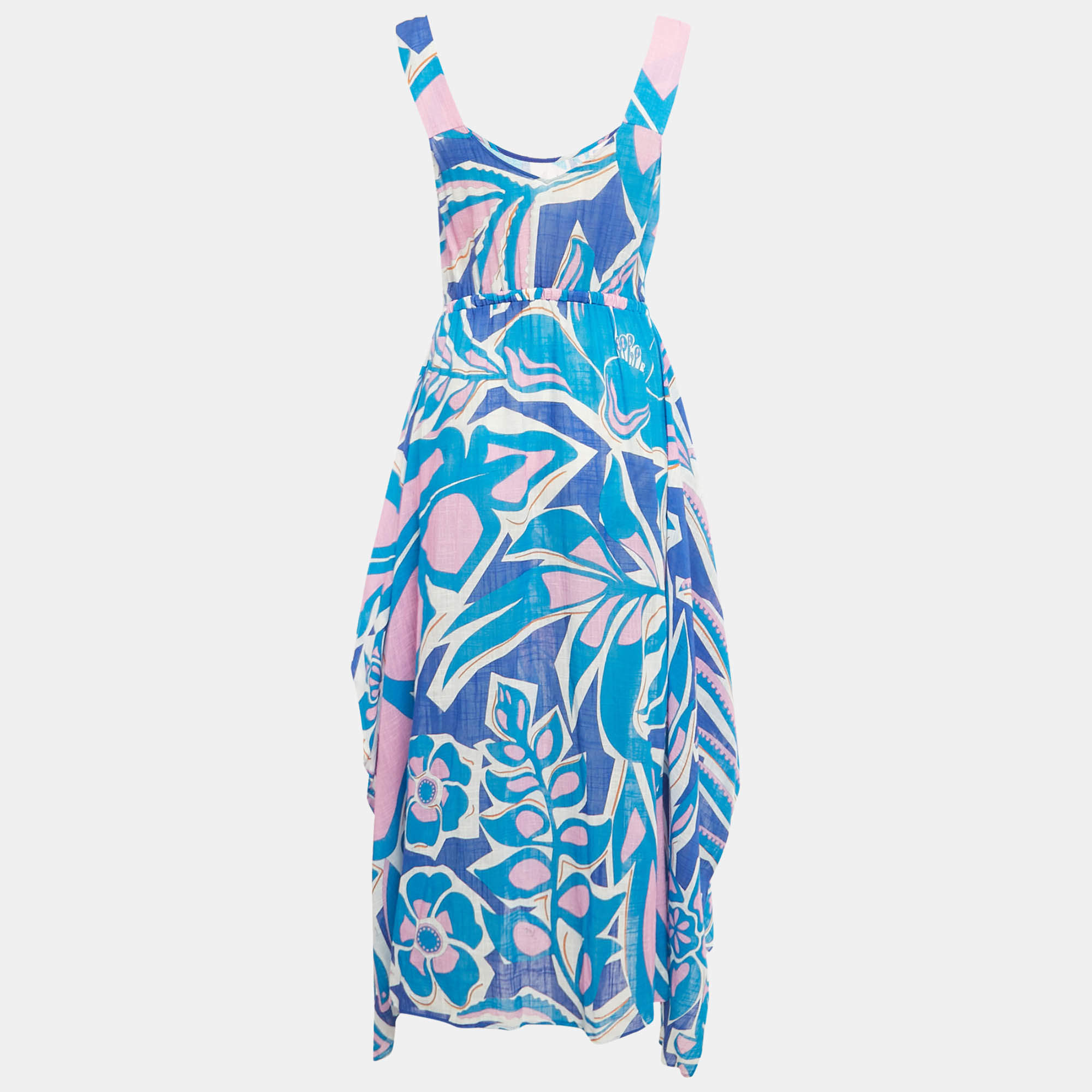 Pre Owned Emilio Pucci Blue Printed Cotton Asymmetric Hem Midi Dress M