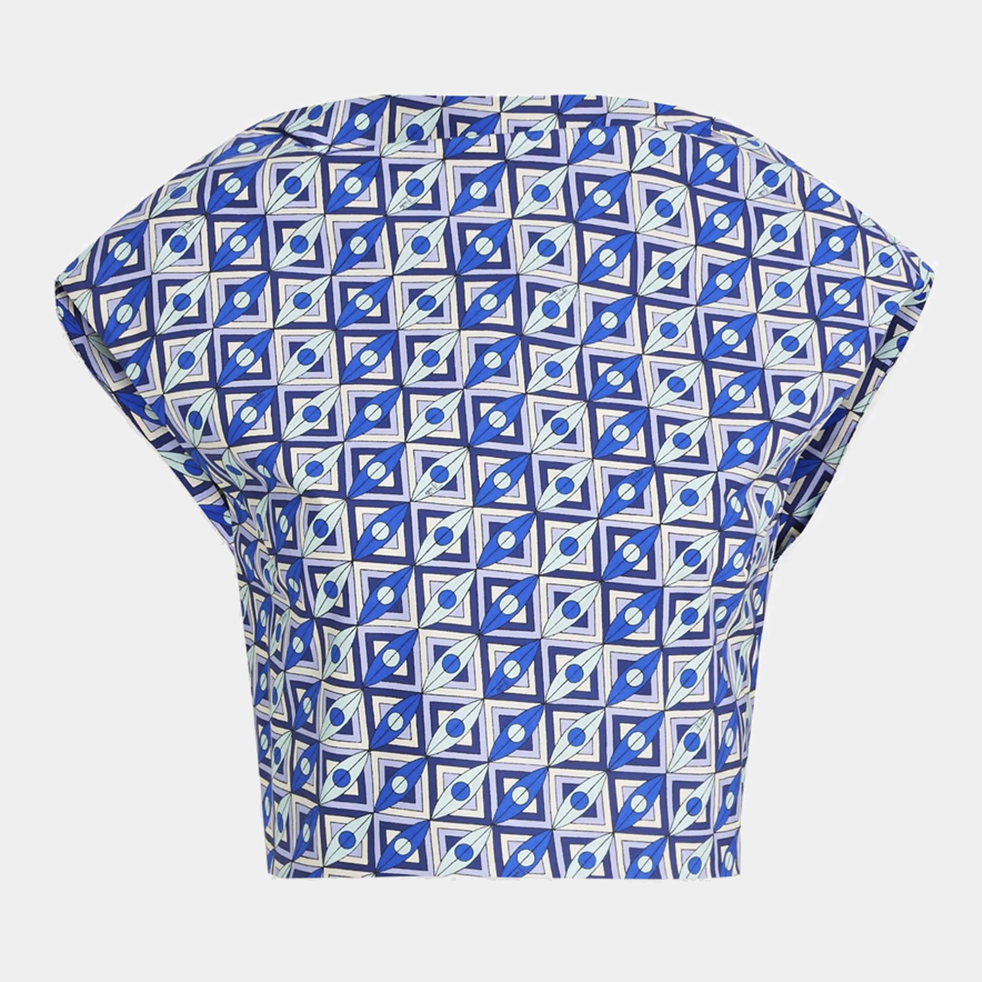 Pre Owned Emilio Pucci Blue Printed Cotton Tie-Up Crop Top S