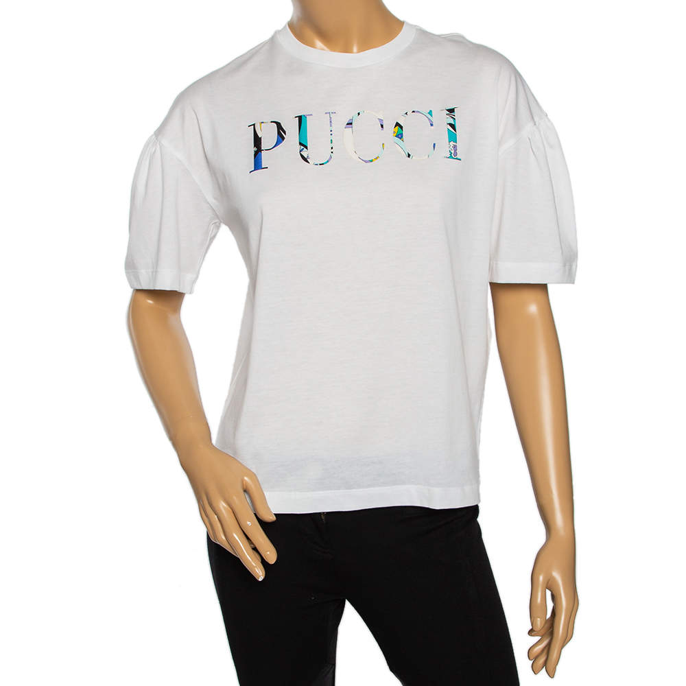 Pre Owned تي شيرت إيميليو بوتشي قطن مطبوع عليه شعار أبيض بأكمام قصيرة مقاس صغير - سمول