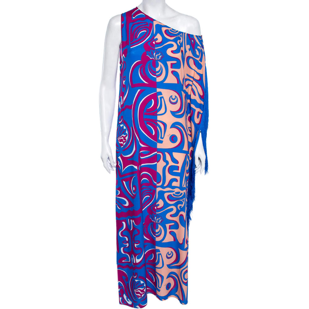 Pre Owned Emilio Pucci Multicolor Printed Rayon Tassel Detail Asymmetric Neck Maxi Dress S