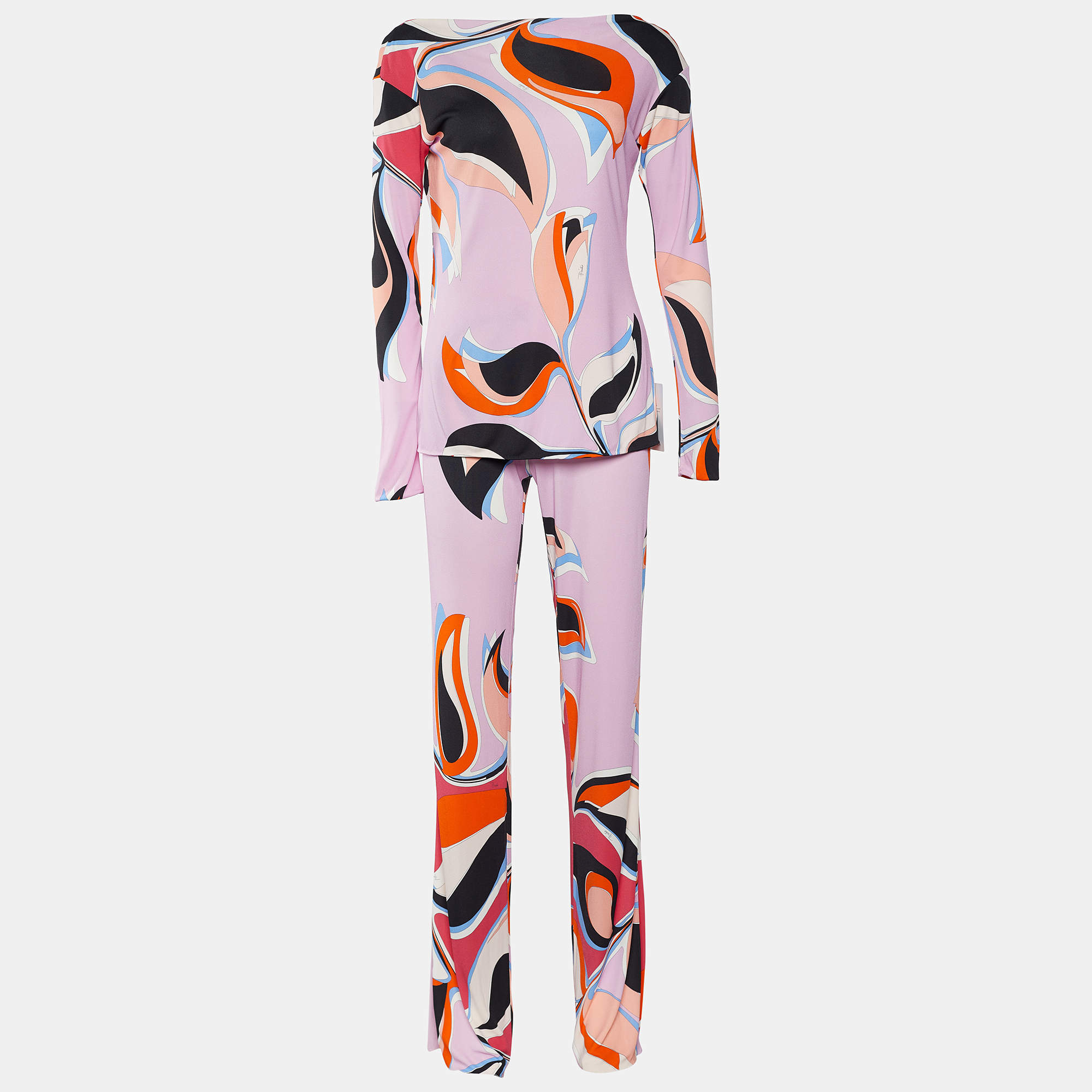 Pre Owned Emilio Pucci Pink Heliconia Print Silk Blouse & Trousers Set M