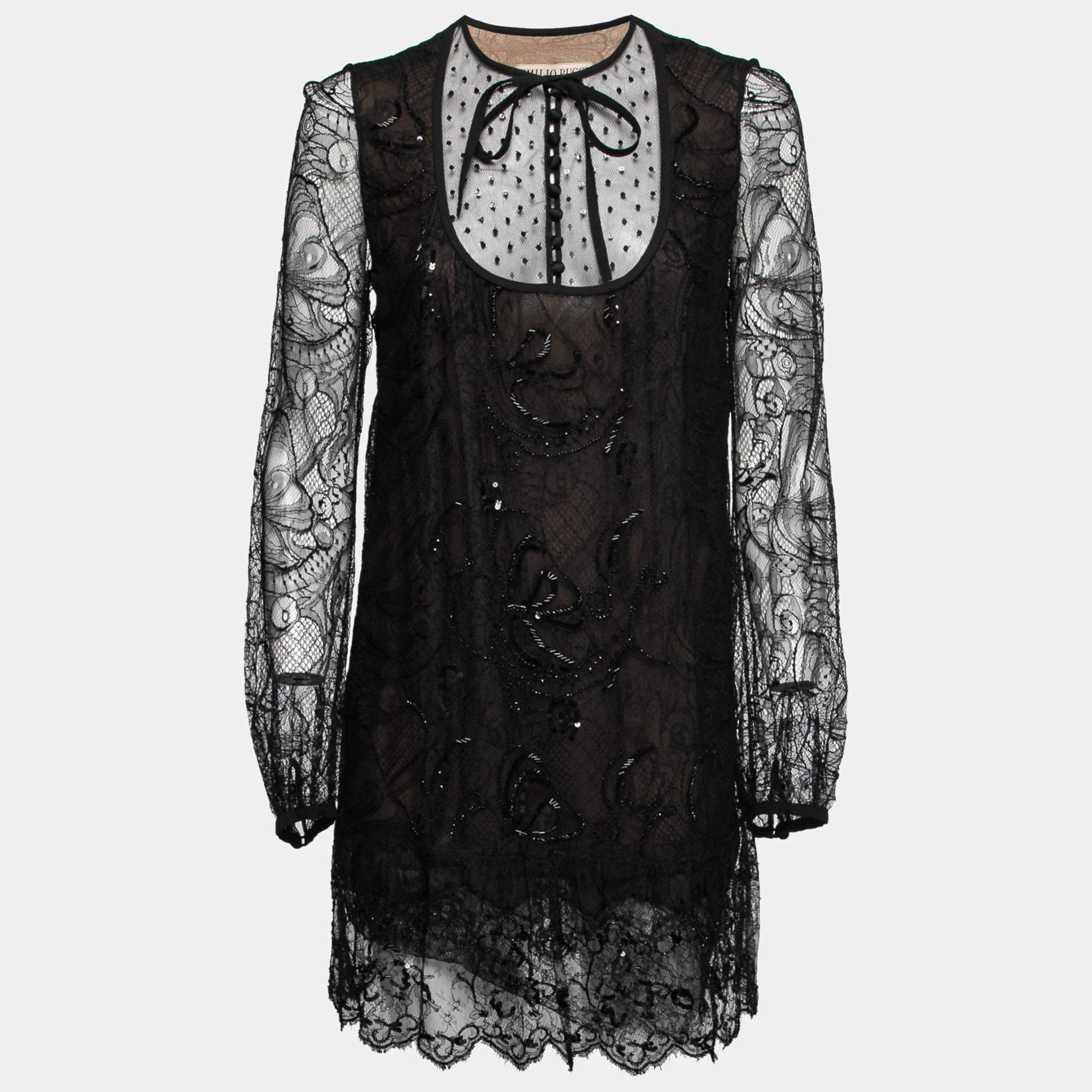Pre Owned Emilio Pucci Black Embellished Lace Mini Dress M