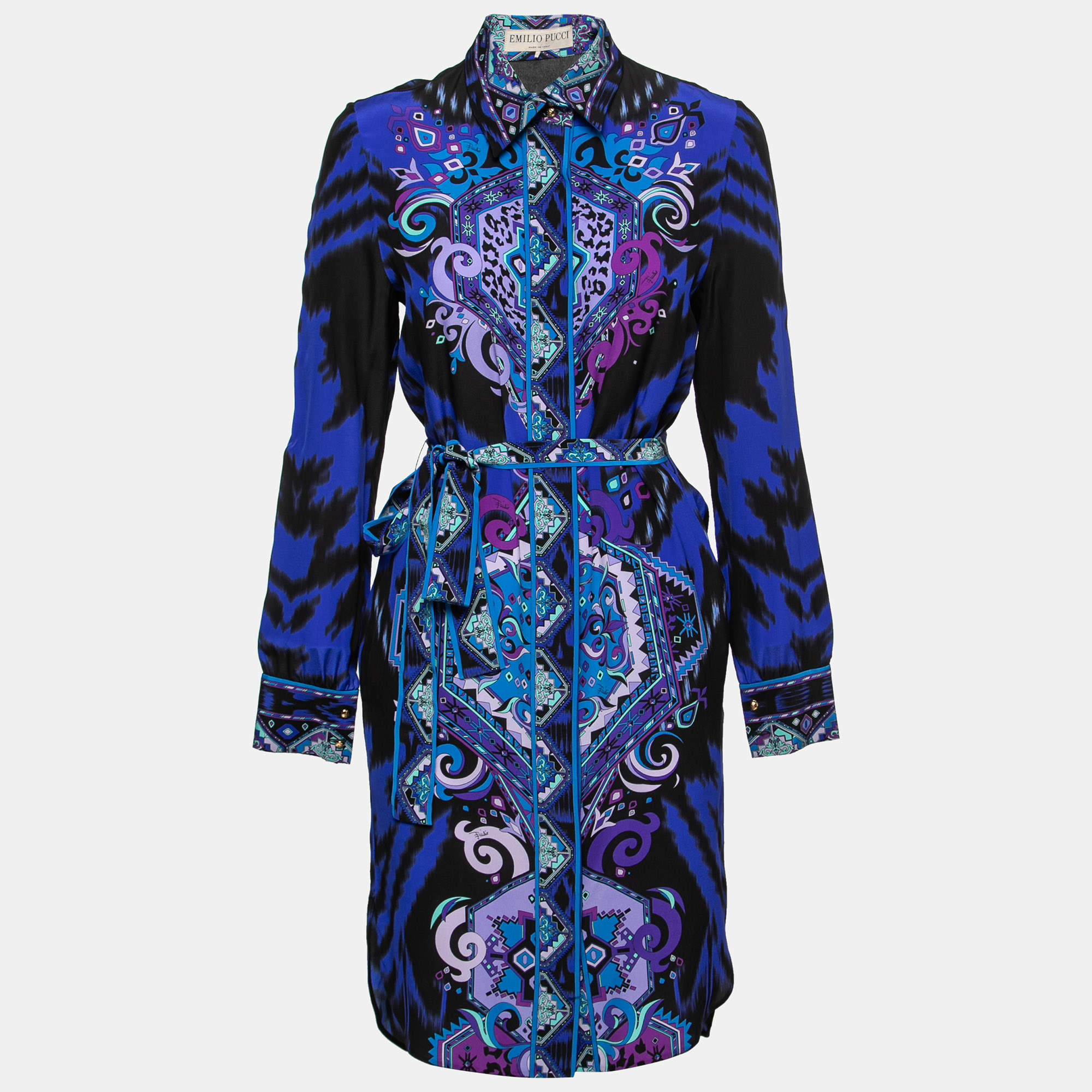 Pre Owned Emilio Pucci Blue Multicolor Printed Silk Belted Shirt Dress S