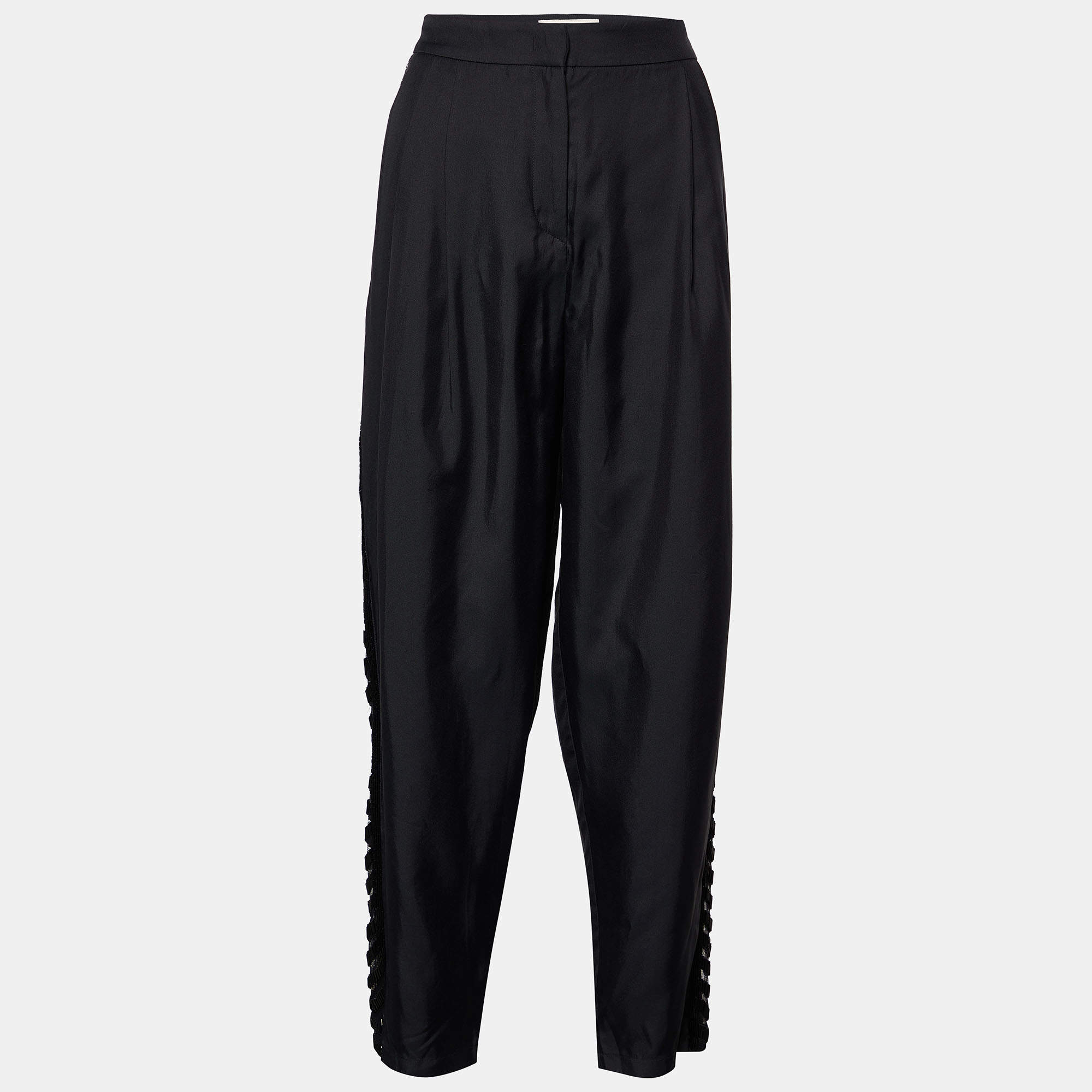 Pre Owned Emilio Pucci Black Silk Crepe Embellished Detail Trousers M