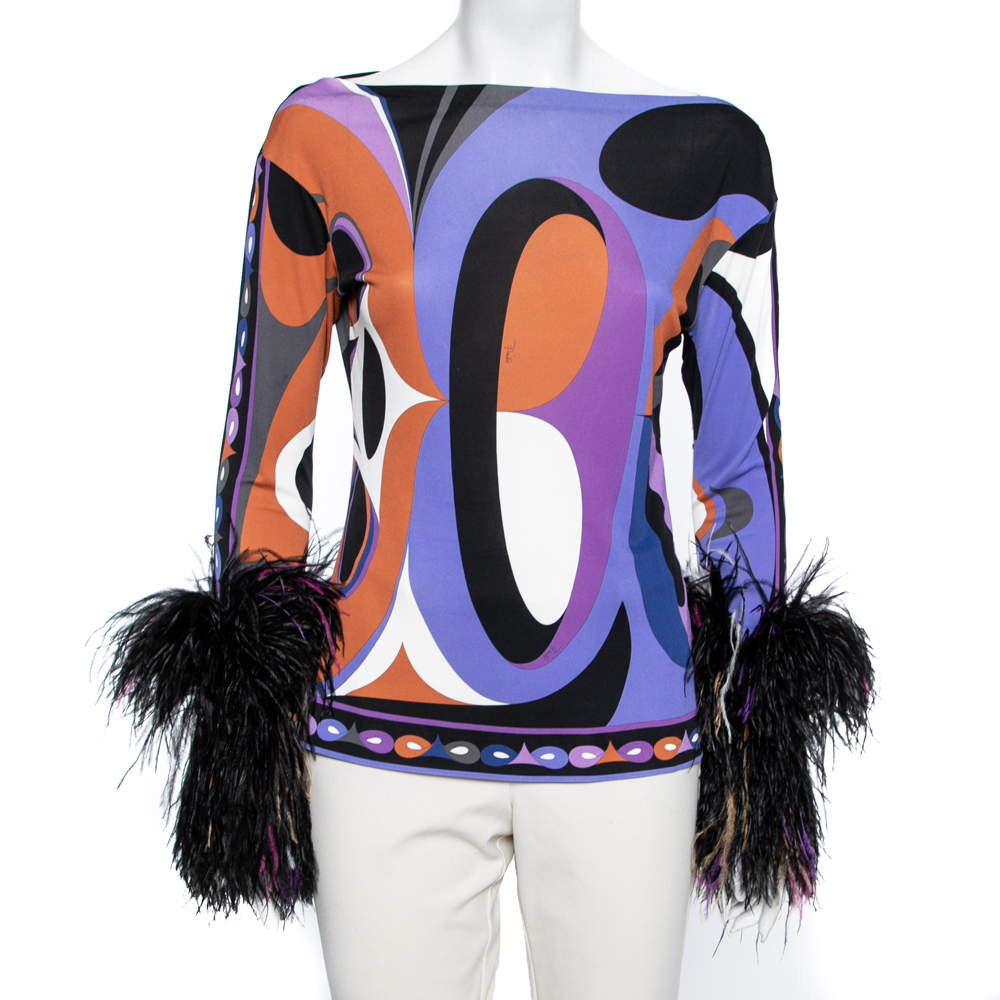 Emilio Pucci Archivio Multicolor Printed Jersey Feather Trim Top M